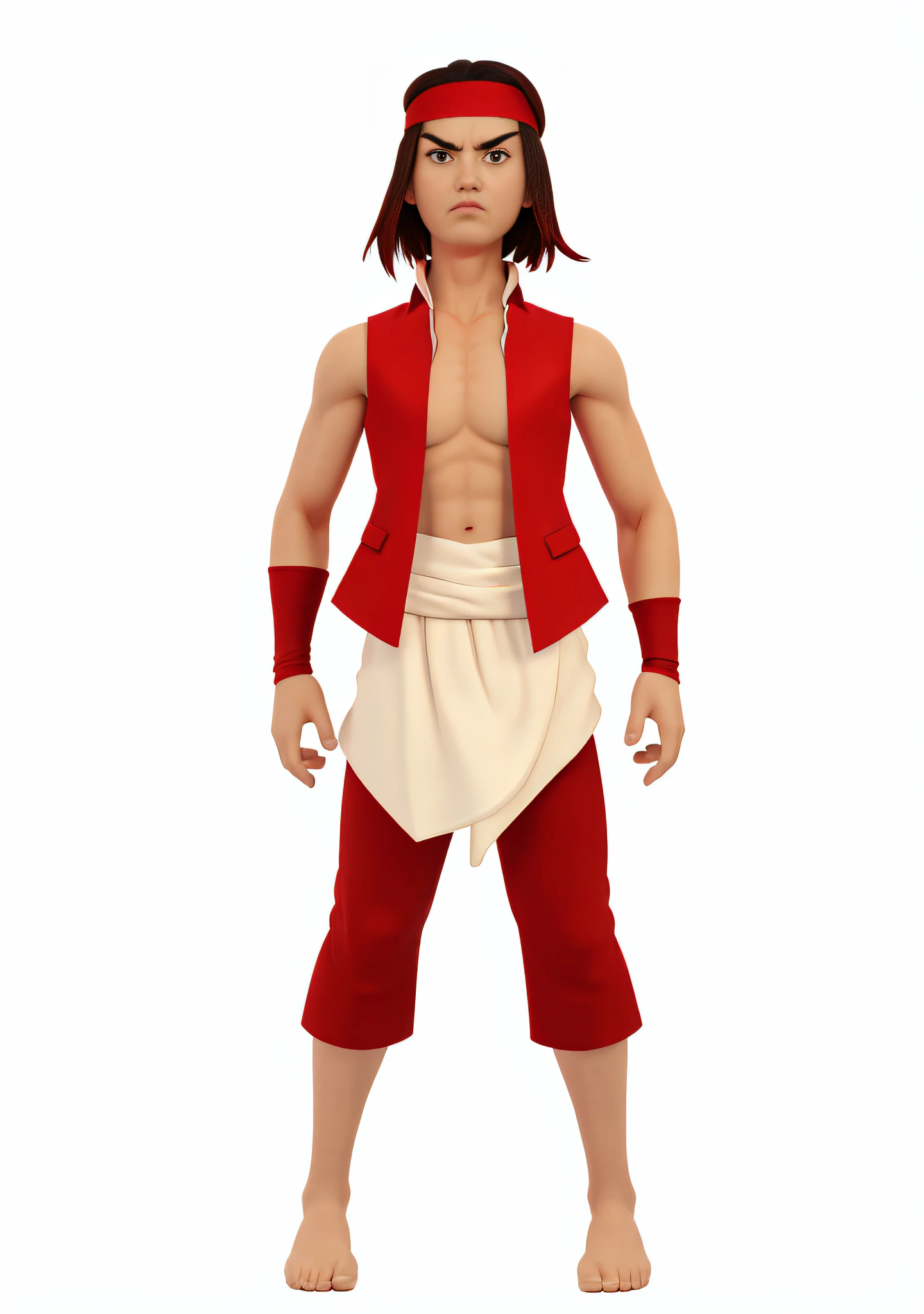 white background, 3d rendered, one person, a man, tan skin, long hair, (shirt less), red vest, red pants, white cloth on the waist, angry face, red head band, barefoot
