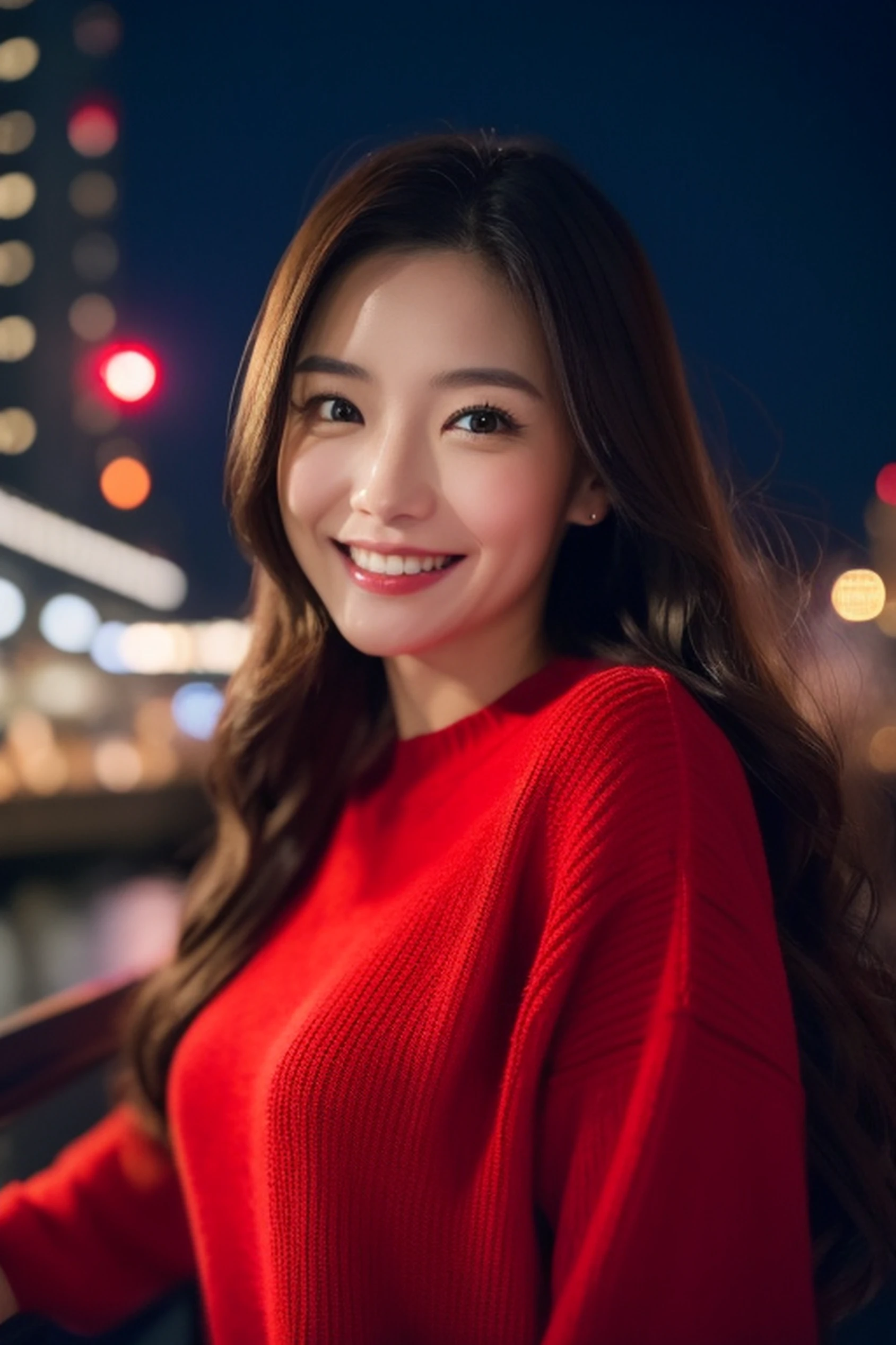 (Best Quality, in 8K, 32K, nffsw: 1.2), phot of a beautiful Japanese women, Long hair,Face Focus, Red sweater、 Farsight、Look happy with open arms、Detailed night view of Tokyo、high-class sense、Adult Woman、