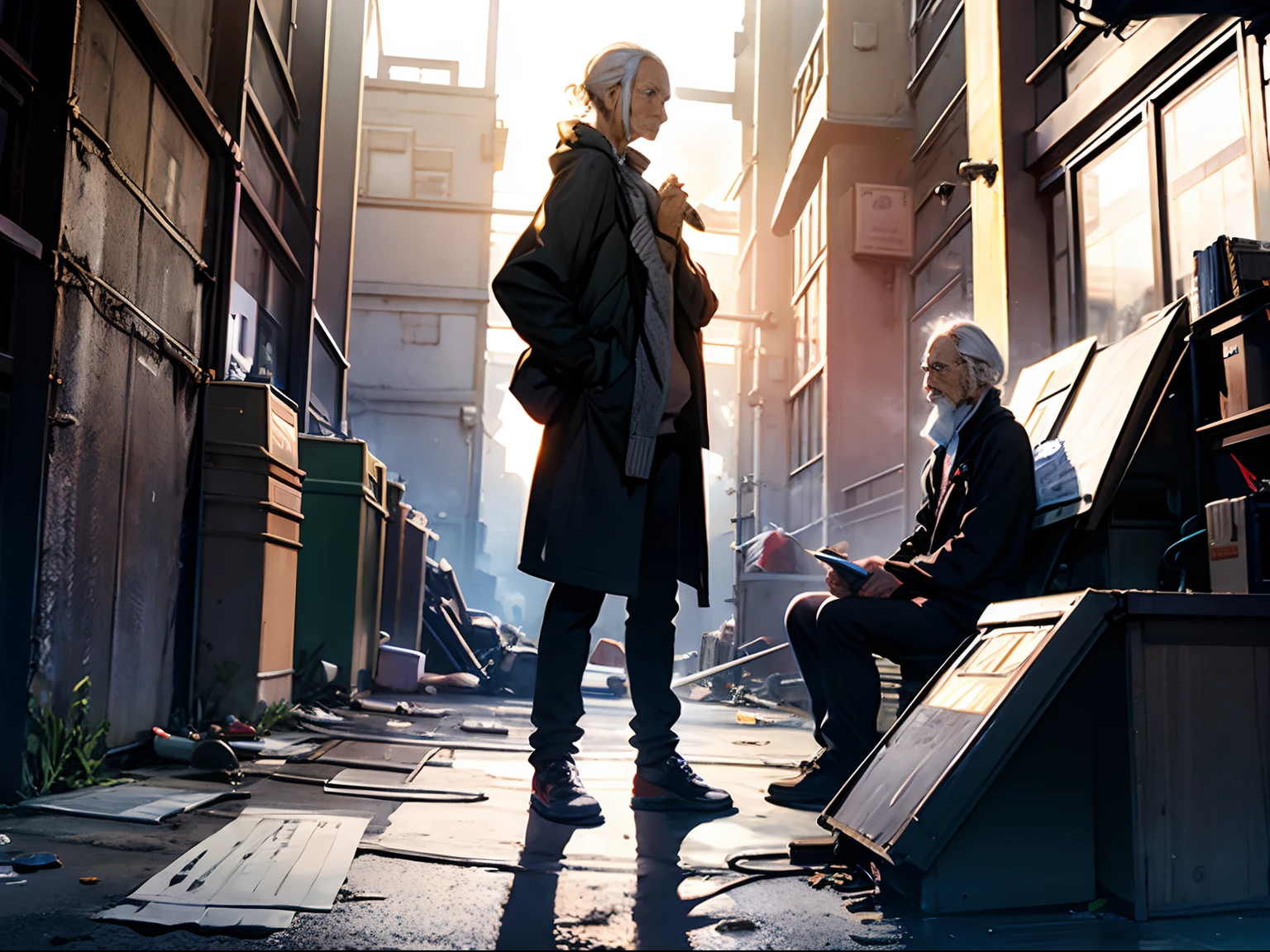 Mansion in the corner,Sitting a waste collecting couple, Gray hair, uneasy, Nervously clutching clothes,
