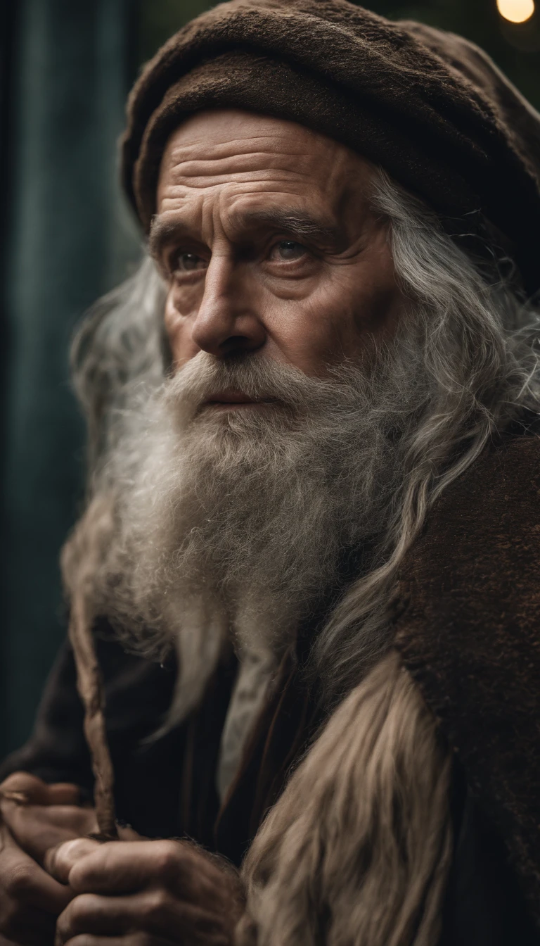 A portrait of a wizard, bearded, wrinkled, weathered, with piercing eyes, detailed face, high details, photography, natural light, Nikon D850, 50mm, f/1.4,looking at viewer