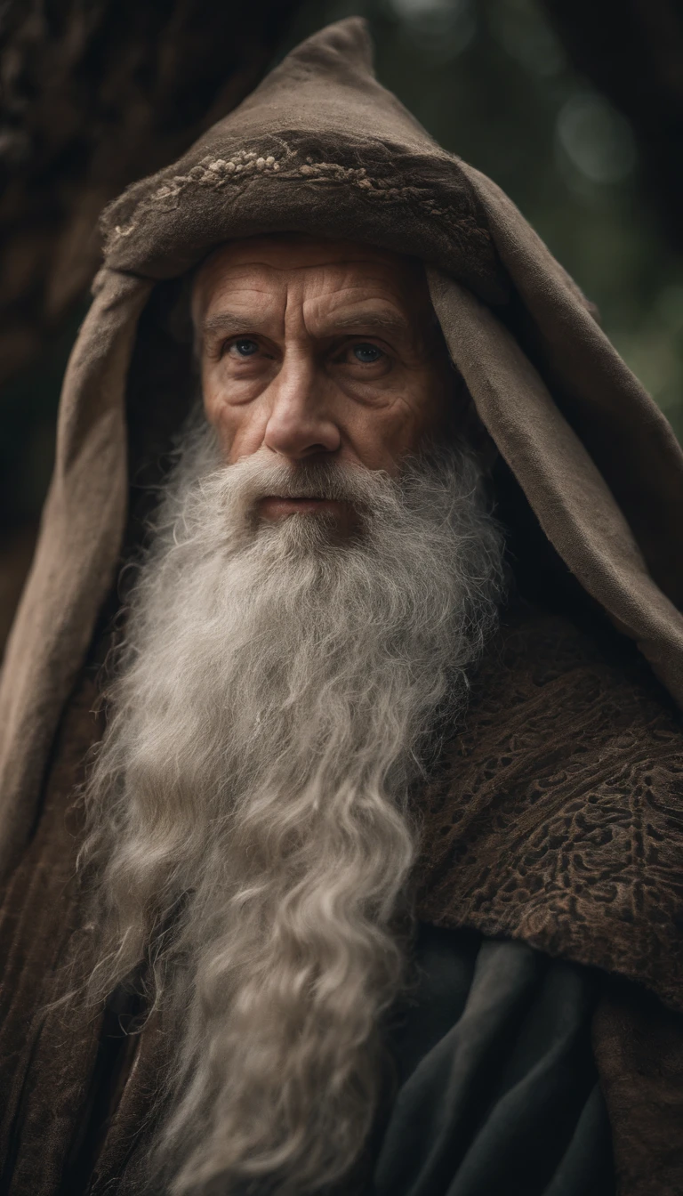 A portrait of a wizard, bearded, wrinkled, weathered, with piercing eyes, detailed face, high details, photography, natural light, Nikon D850, 50mm, f/1.4,looking at viewer