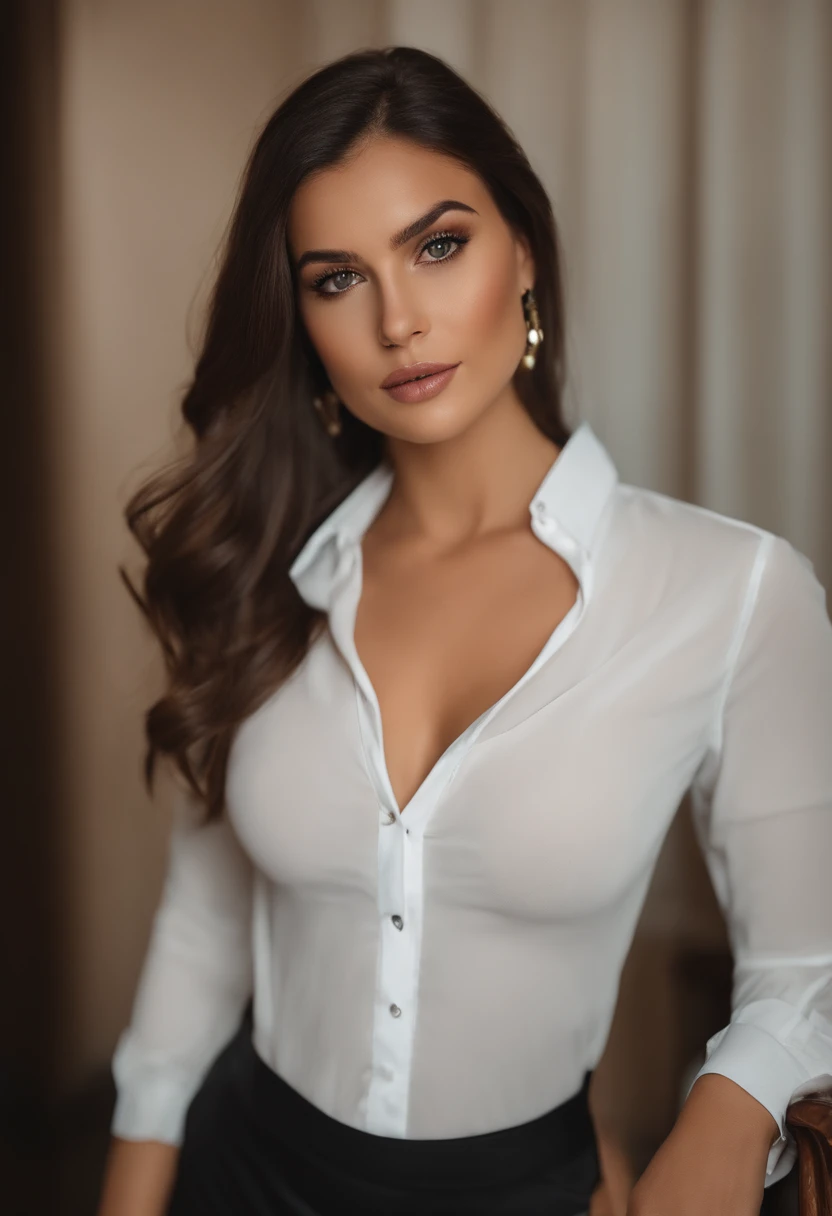Arafed Woman wearing a tight white office shirt and big breasts showing her hard nipples through the blouse, Chica sexy con ojos verdes, Retrato Sophie Mudd, brown hair and large eyes, selfie de una mujer joven, Ojos del dormitorio, Violeta Myers, sin maquillaje, Maquillaje natural, staring directly into camera, cara con artgram, maquillaje sutil, Impresionante foto de cuerpo completo, penetrantes ojos verdes, beautiful angle, Pose atractiva, , pose sexy, Imagen de cuerpo entero, cuerpo completo, full body shoot, Diosa morena, High detail, Pose satisfecha, pantalones de cuero