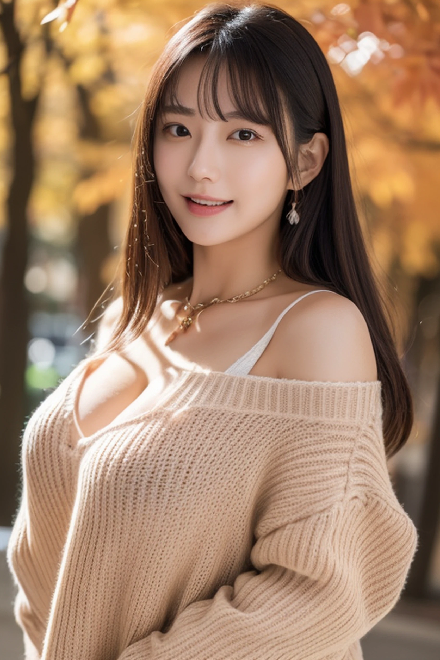 (Best Quality, in 8K, 32K, masutepiece, nffsw: 1.2), phot of a beautiful Japanese women, Large breasts, Long hair,full bodyesbian, Face Focus, Sweaters, Necklace, Background of autumn leaves, Farsight、Cat mouth、Open arms and look fun