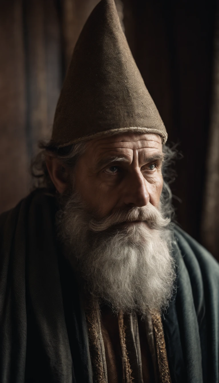 A portrait of a wizard, bearded, wrinkled, weathered, with piercing eyes, detailed face, high details, photography, natural light, Nikon D850, 50mm, f/1.4,looking at viewer
