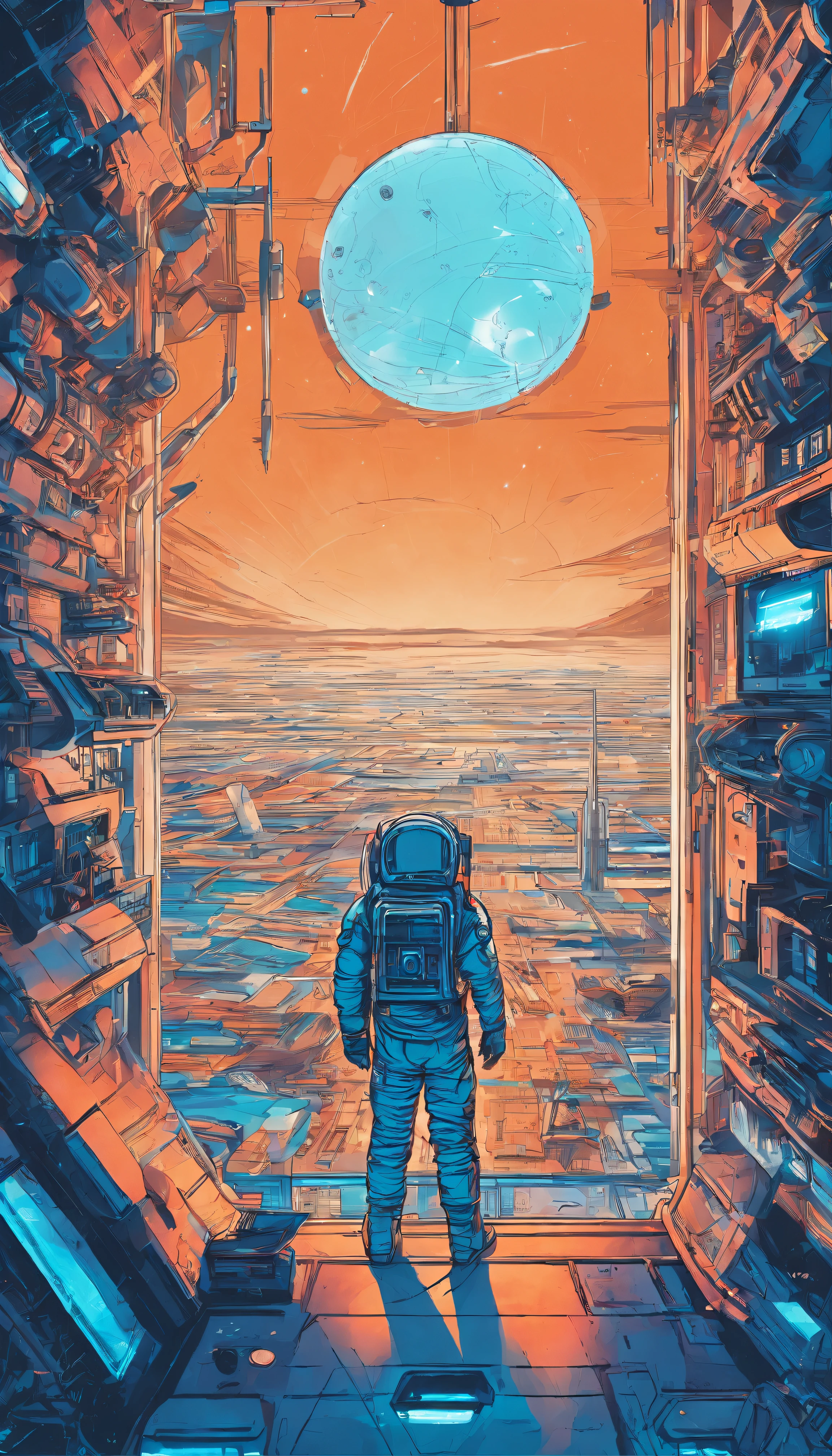 The astronaut looks out the spacecraft window,Large area of windows,Blue tones inside the spacecraft,neonlight,City view from the window