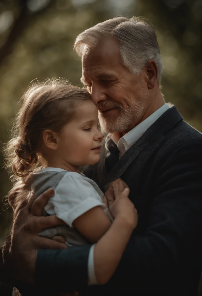 a loving father, Father's Day, father and daughter, heartwarming moment, paternal bond, ultra-detailed masterpiece (1.2, 8k highres), photorealistic, realistic, warm lighting, soft focus, beautiful colors, vibrant hues, tender mood, sentimental, cinematic – this image captures a tender embrace between a loving father and his daughter during golden hour. The father's gentle smile, tenderly holding his daughter's hand, emanates a heartfelt emotion as they share a beautiful family portrait. The warm lighting filters through the soft focus, bathing the picture in a loving relationship that radiates a palpable paternal bond