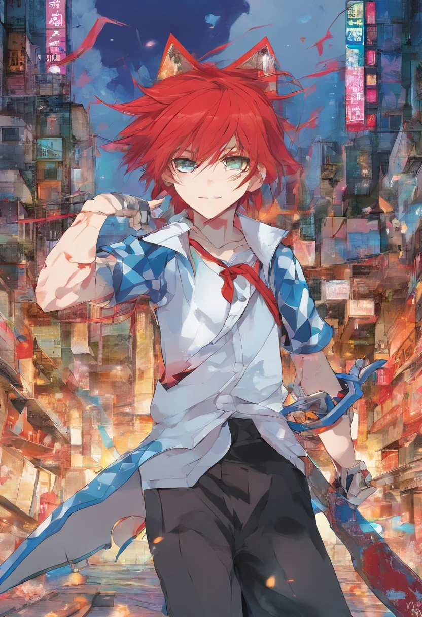 1 boy, (red hair), bright blue eyes, pointy ears, looking forwards, sword in hand pointed at camera, destroyed town in background, artsy, colorful, gritty, bloody, fully clothed, (closed checker pattern shirt), ((sharp eyes)), hero, sharp features, lanky, flat chin, long neck ((rigid hair)), (high quality)