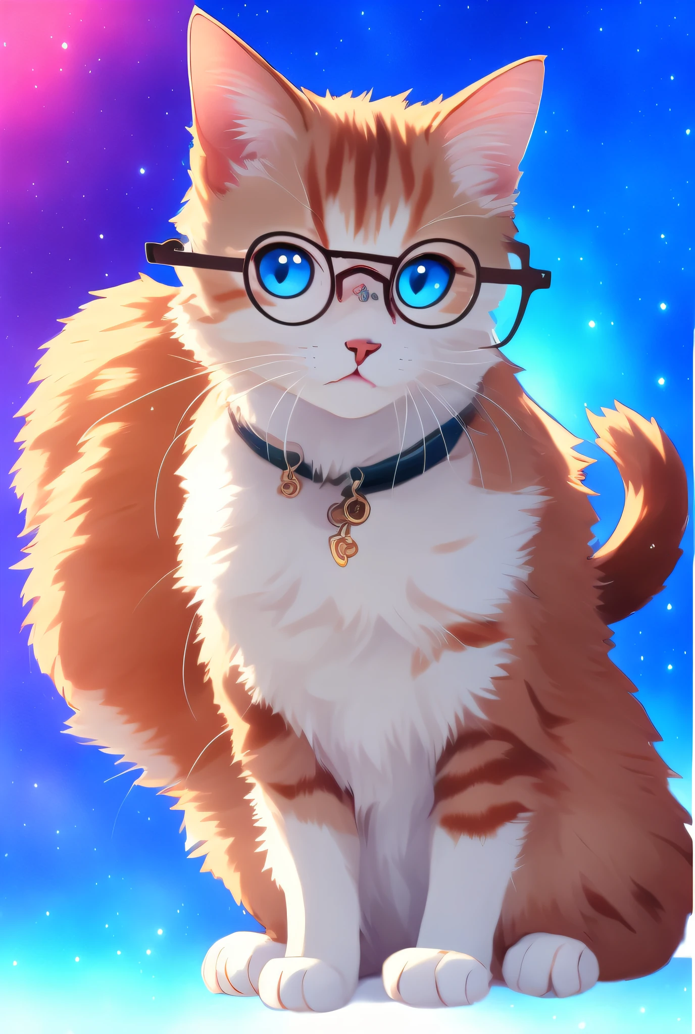 There is a cat sitting on the ground with blue eyes, realistic anime cat, anime cat, anime visual of a cute cat, sora as a cat, beautiful anime catgirl, cute anime catgirl, cute detailed digital art, Very Beautiful Anime Cat Girl, warrior cat fan art, very beautiful cute catgirl, Adorable Digital Painting, Cute digital art(((((Round glasses)))))