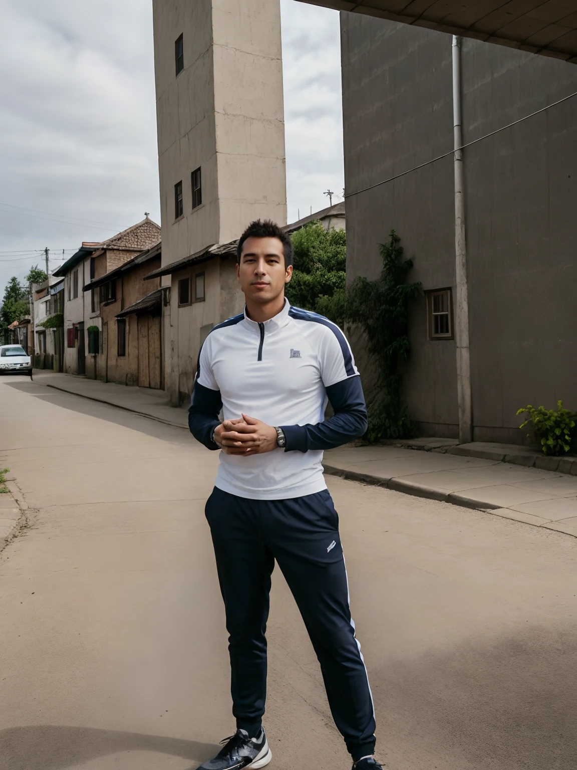 arafed man standing on a sidewalk in front of a building, taken in the early 2020s, rosen zulu, standing in a township street, george pemba, album art, very very low quality picture, standing in township street, fromme seele, with a cool pose, standing in a city center, wearing track and field suit, discovered photo