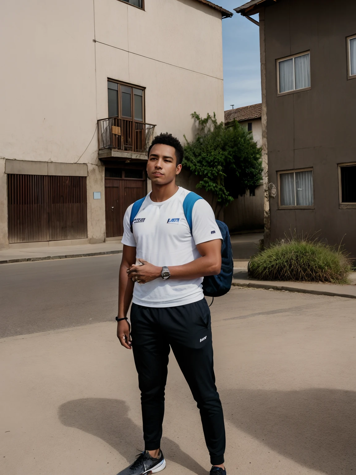 arafed man standing on a sidewalk in front of a building, taken in the early 2020s, rosen zulu, standing in a township street, george pemba, album art, very very low quality picture, standing in township street, fromme seele, with a cool pose, standing in a city center, wearing track and field suit, discovered photo
