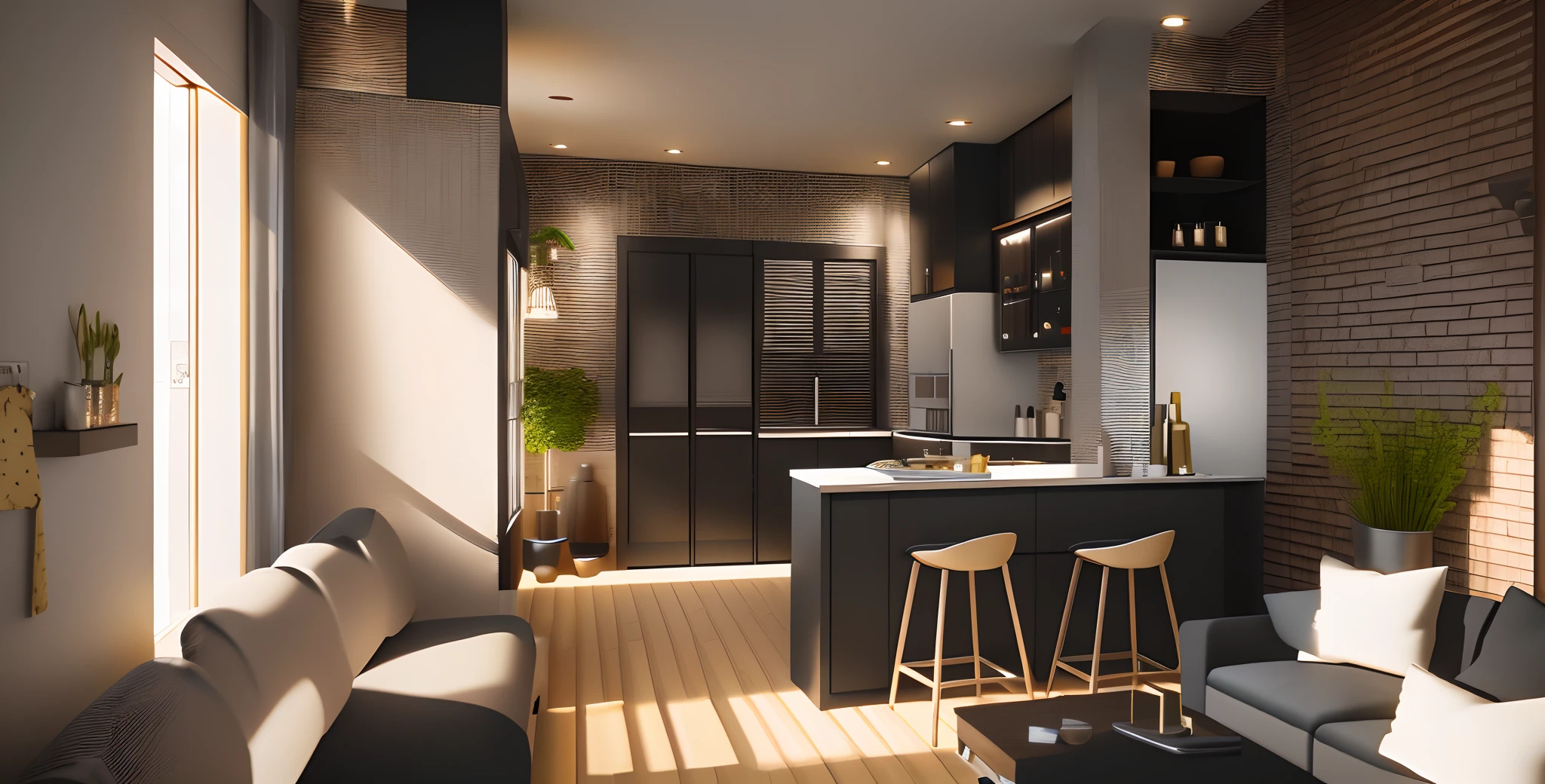 a rendering of a kitchen with a bar and a couch, 3 d renders, 3 d rendering, 3d rendering, detailed rendering, 2 d render, detailed 3 d render, detailed 3d render, enscape render, rendered in enscape, 3d rendered, 3 d rendered, with 3d render, with 3 d render, 3 d finalrender