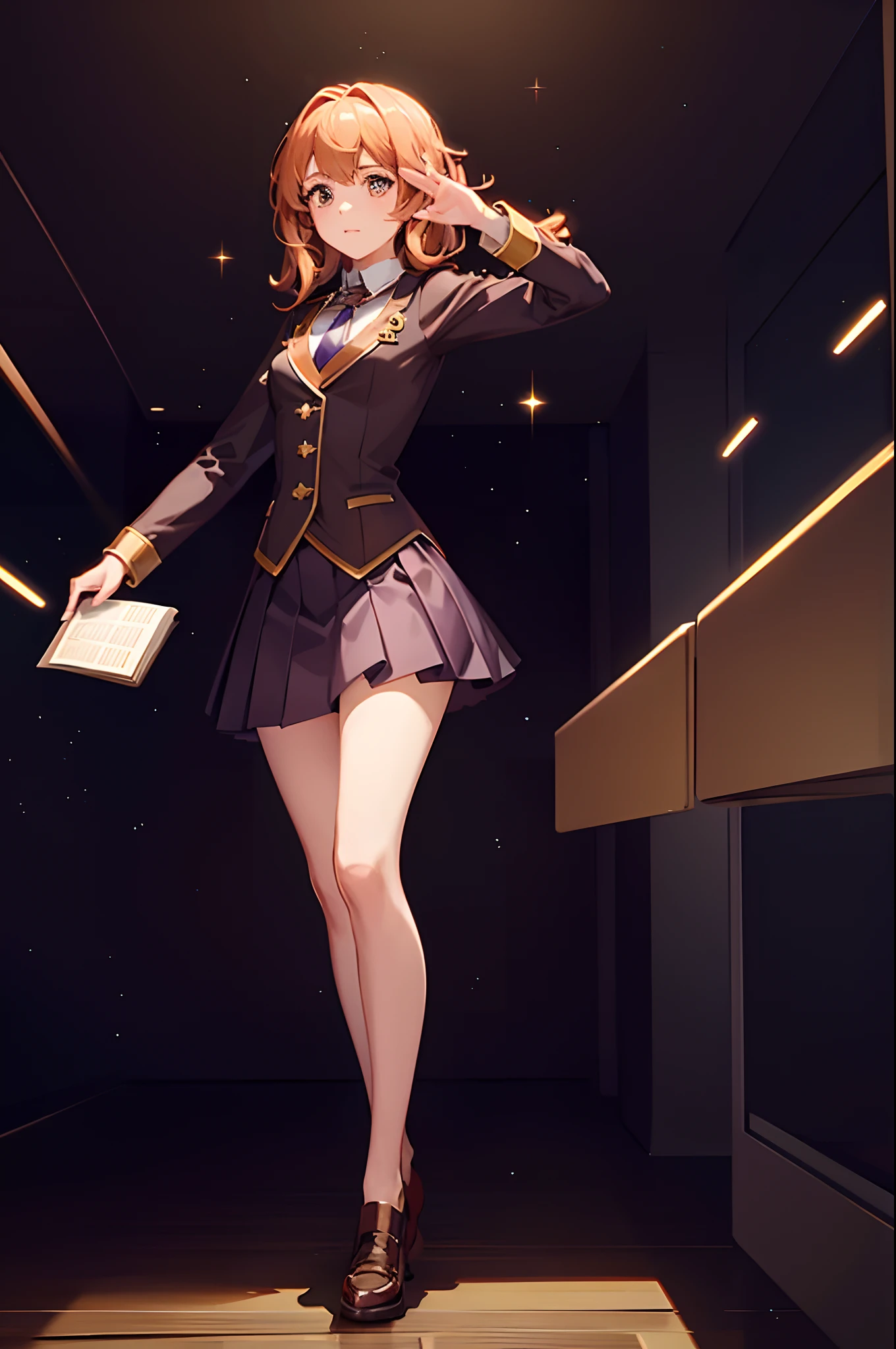 hermione granger, petite body shape, tie, masterpieces, best quality anime 4k wallpaper, holding a book, holy shiny magic effect, magical aura, classroom background, best lightning