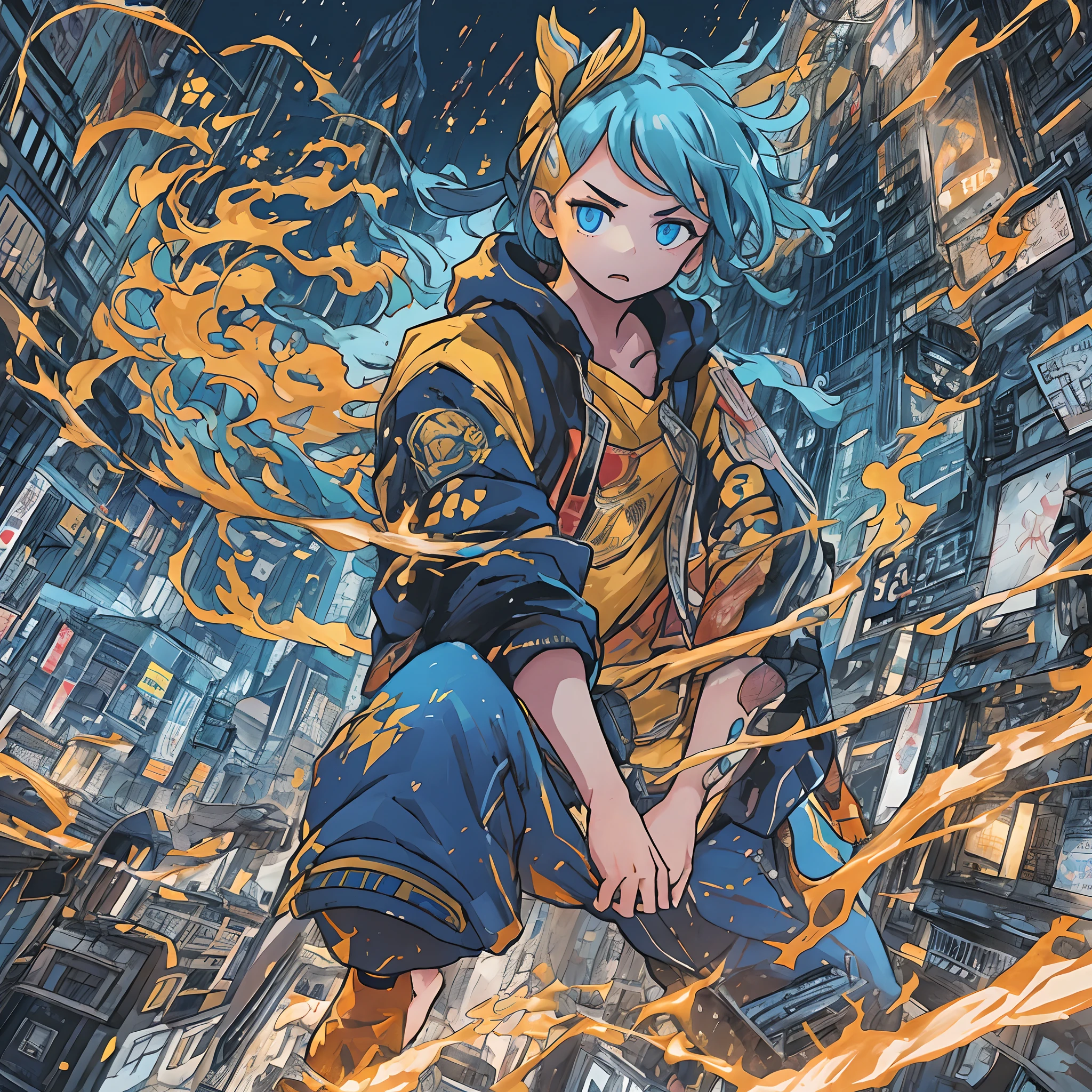 ((top-quality))、((masterpiece))、((realisitic))ha、Man in yellow hoodie、Bright blue eyes shine。The scene is full of intense action and dynamic energy、You need to show off your character's power and skills。The lighting is dramatic and、、Vivid neon lights should illuminate the surroundings。The artwork is、It should be created in the style of manga especially inspired by Hokusai's work。Using digital painting as a medium、Capture intricate details、Conveys the intensity of the scene。The artwork is dynamic and action-packed、Bright blue、Viola、Must be a color scheme that includes orange。Using 3D computer graphics with cel shades、Add depth and unique visual style to your composition。Artwork must be of high quality、Focus on achieving a realistic depiction of the characters and their surroundings。