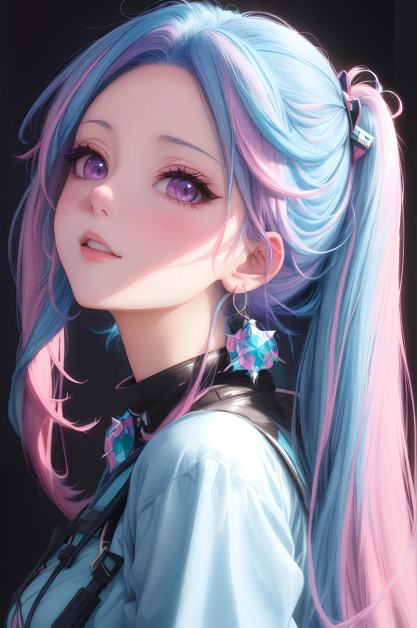 a woman with blue hair and pink hair wearing a blue top, beautiful anime portrait, stunning anime face portrait, detailed portrait of anime girl, beautiful anime style, beautiful anime face, beautiful anime girl, rossdraws pastel vibrant, pretty anime girl, cute anime girl portraits, portrait anime girl, cute anime girl portrait, anime girl with cosmic hair, digital anime art