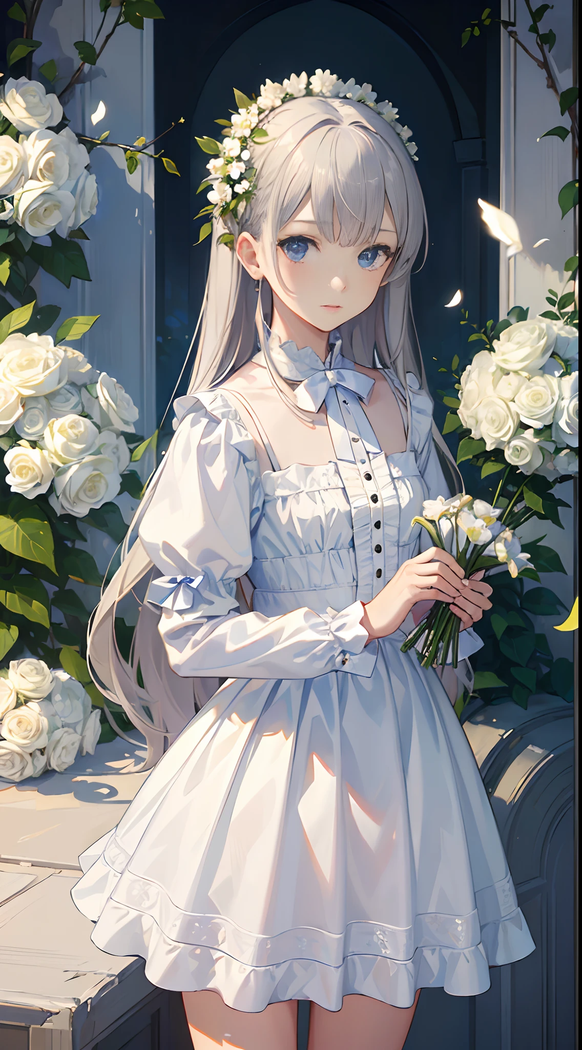 (masterpiece, best quality:1.6), white lace dress, cowboy shot, thighs, beautiful girl, (flowers, many small white petals:1.3), garden, blue sky, looking at viewer, small waist, official art, raw photo, incredibly absurdres, facelight, dynamic lighting, cinematic lighting, ultra realistic, highres, photography, sharp focus, highest detailed, extreme detailed, ultra detailed, finely detail, extremely detailed eyes and face