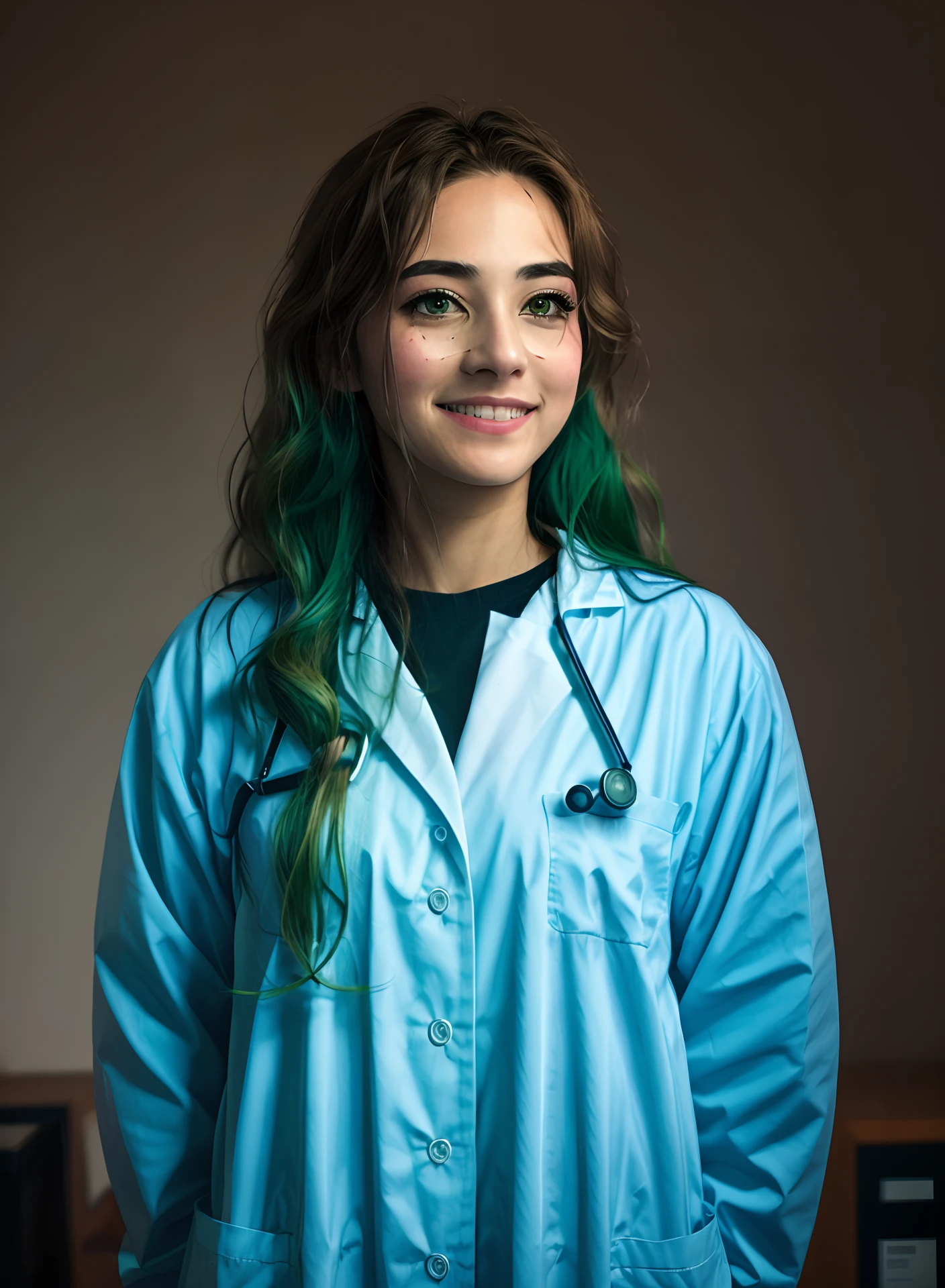 Beautiful Doctor Girl, long wavy hair, A slight smile in which the teeth are slightly visible, Standing Full-Length Sideways in White Doctor's Coat, Squeezing Document Organizer, looking at the camera, medium plan, Background gradient of blue and green, where the top is blue and the bottom is green, higly detailed, Super realistic, photo