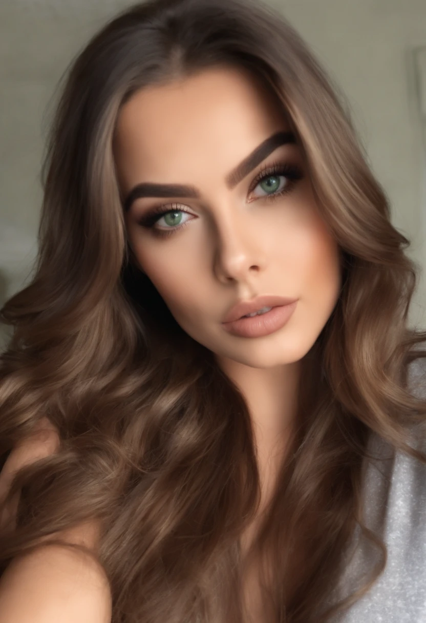 Arafed Mujer totalmente , Chica sexy con ojos verdes, ultra realista, meticulosamente detallado, Retrato Sophie Mudd, brown hair and large eyes, selfie de una mujer joven, Ojos del dormitorio, Violeta Myers, sin maquillaje, Maquillaje natural, staring directly into camera, cara con artgram, maquillaje sutil, Impresionante foto de cuerpo completo arrodillado en la cama, En el dormitorio, Plus Bust in Very Tight Executive Style Clothes.