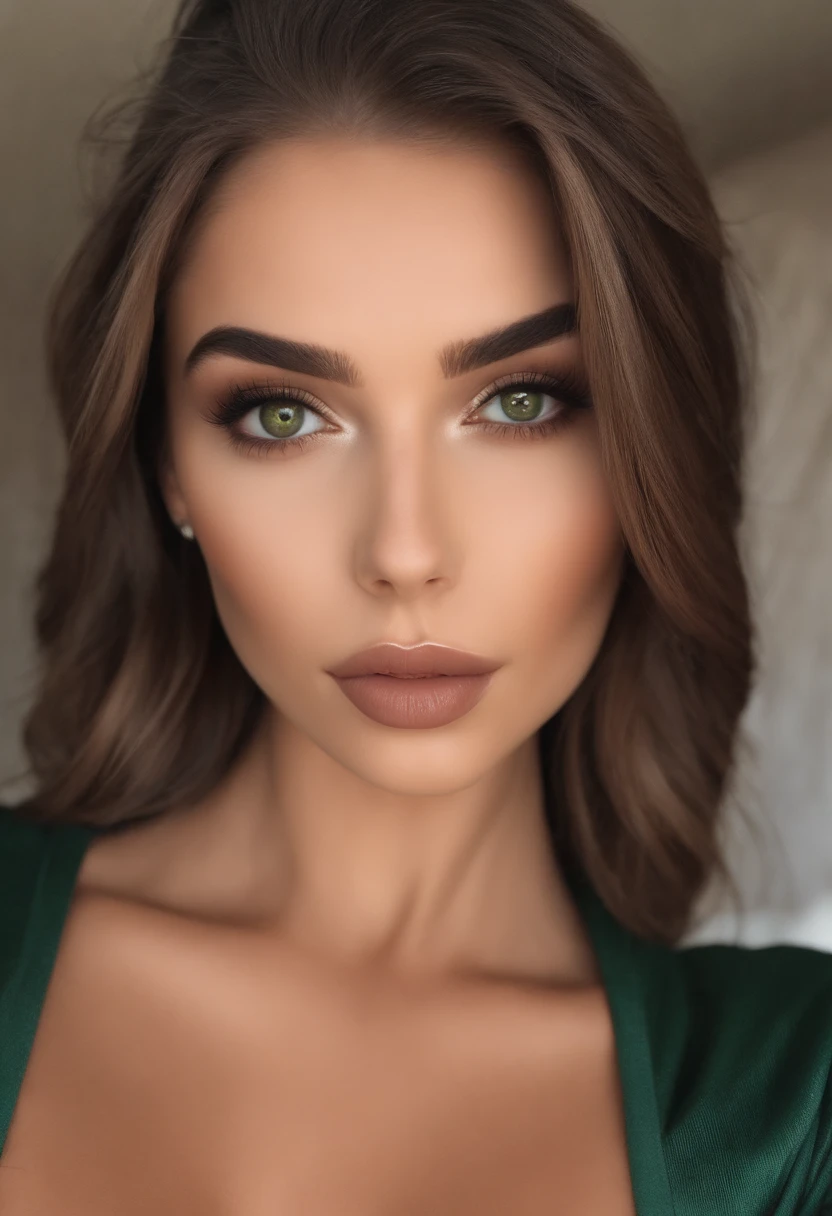 Arafed Mujer totalmente , Chica sexy con ojos verdes, ultra realista, meticulosamente detallado, Retrato Sophie Mudd, brown hair and large eyes, selfie de una mujer joven, Ojos del dormitorio, Violeta Myers, sin maquillaje, Maquillaje natural, staring directly into camera, cara con artgram, maquillaje sutil, Impresionante foto de cuerpo completo arrodillado en la cama, En el dormitorio, Plus Bust in Very Tight Executive Style Clothes.