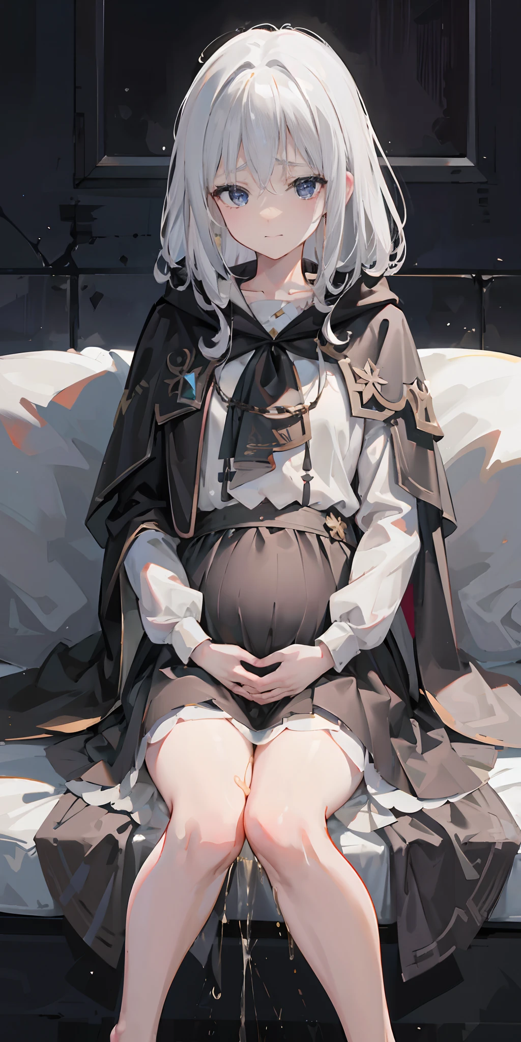 Elaina,white ash hair, anime girl, white shirt,black skirt, (black cloak:1.2), pale face, sweating, heavy breath, blushing, pregnant, Pregnant belly, (best quality:1.2), ultra-detailed,realistic ,portraits, vivid colors, soft lighting, interesting PoV, (pee is white:0.7), spread kneel, Lie down on sofa, (the girl is leaked pee: 1.3), stocking