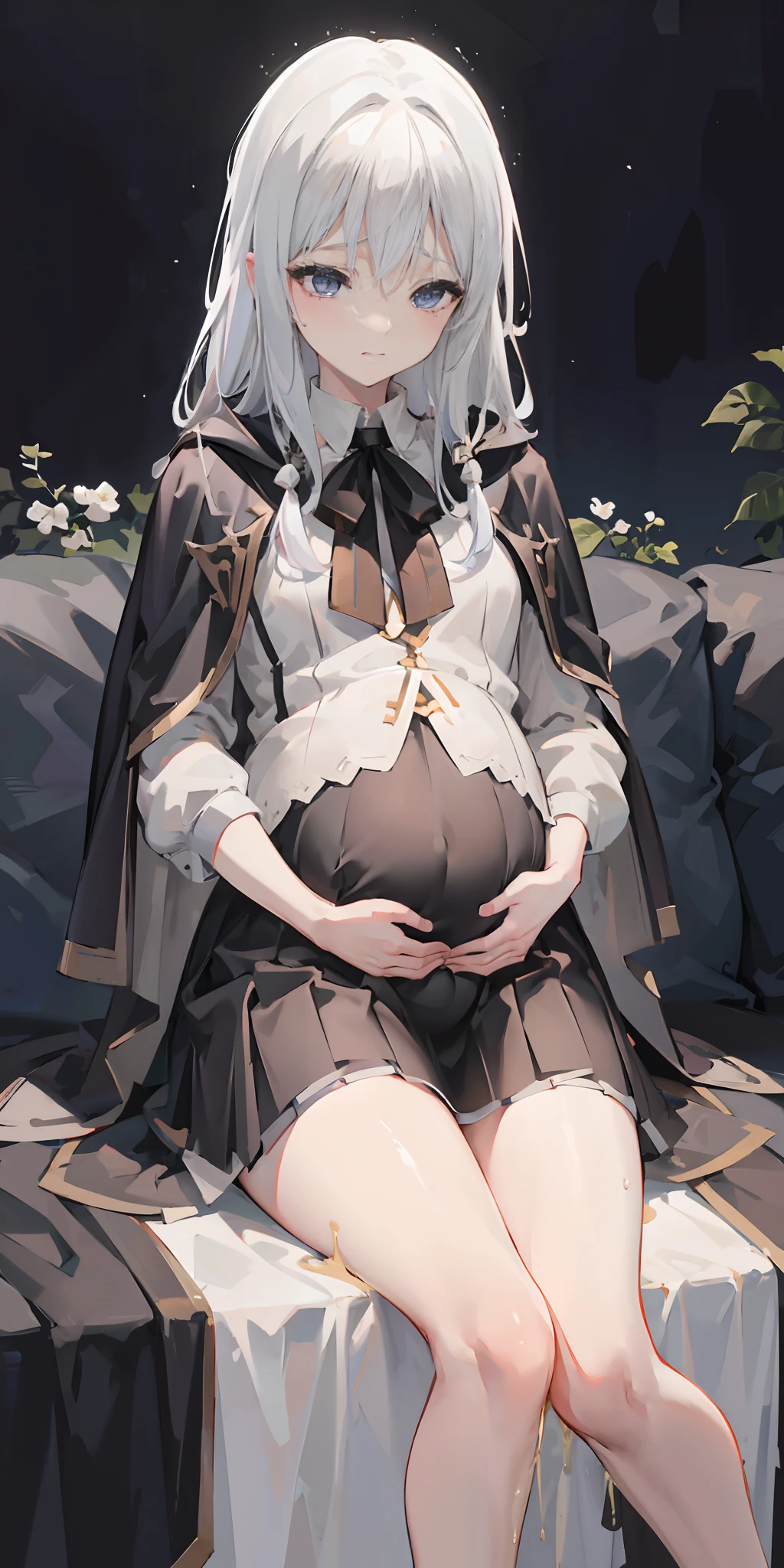 Elaina,white ash hair, anime girl, white shirt,black skirt, (black cloak:1.2), pale face, sweating, heavy breath, blushing, pregnant, Pregnant belly, (best quality:1.2), ultra-detailed,realistic ,portraits, vivid colors, soft lighting, interesting PoV, (pee is white:0.7), spread kneel, Lie down on sofa, (the girl is leaked pee: 1.3), stocking
