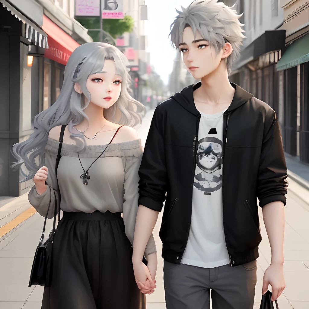 Two anime lovers looking at each other hand in hand girl hair color grey, boy hair color black with a bit of brown