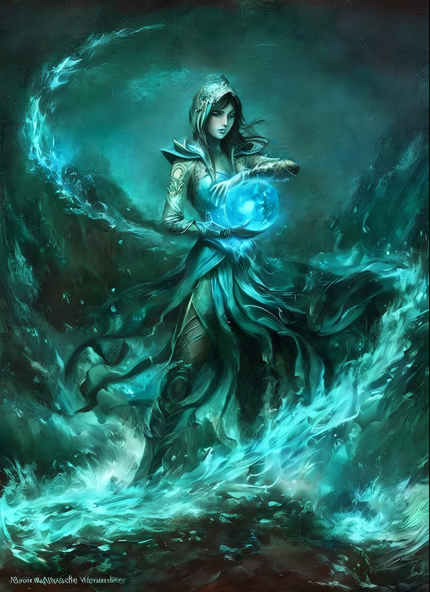 a painting of a woman in a blue dress holding a blue ball, a sorceress casting a ice ball, female mage conjuring a spell, ice sorceress, magic the gathering sorceress, iridescence water elemental, maya ali as a storm sorcerer, sorceress, ice mage, asian female water elemental