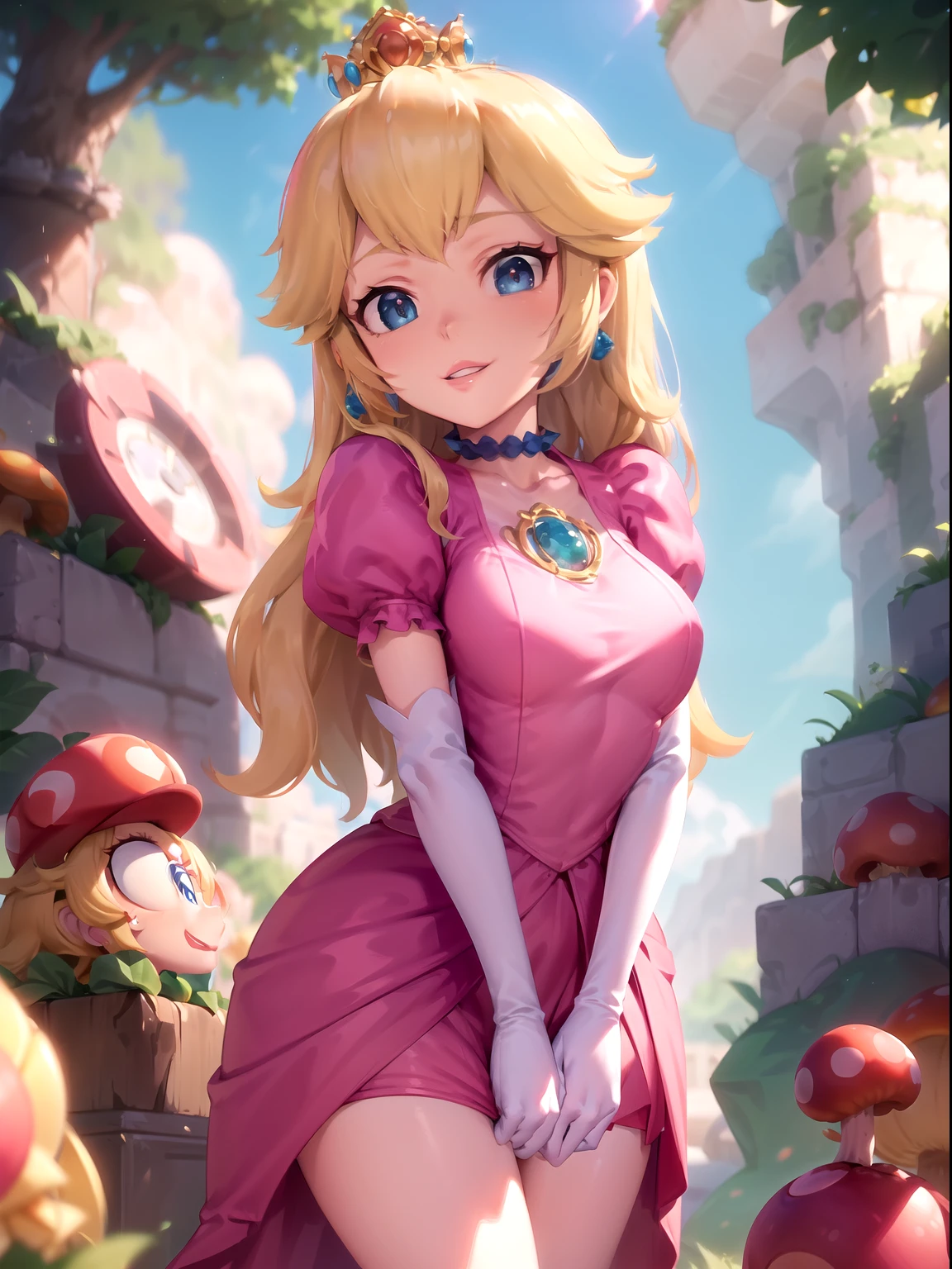 highres,masterpiece,perfect ligthing,bloom,cinematic lighting,adult,perfect skin,female,cowboy shot,smile,narrow waist,skinny,(PrincessPeach),(a pink transparent Princess Peach),choker,detailled eyes,blue eyes,choker,sensual,mushrooms,mushroom kingdom,pink lips,((glossy lips)),pursed lips,pink pumps,glossy skin,oily skin,beautiful light,(day:1.3),bright,looking at viewer,