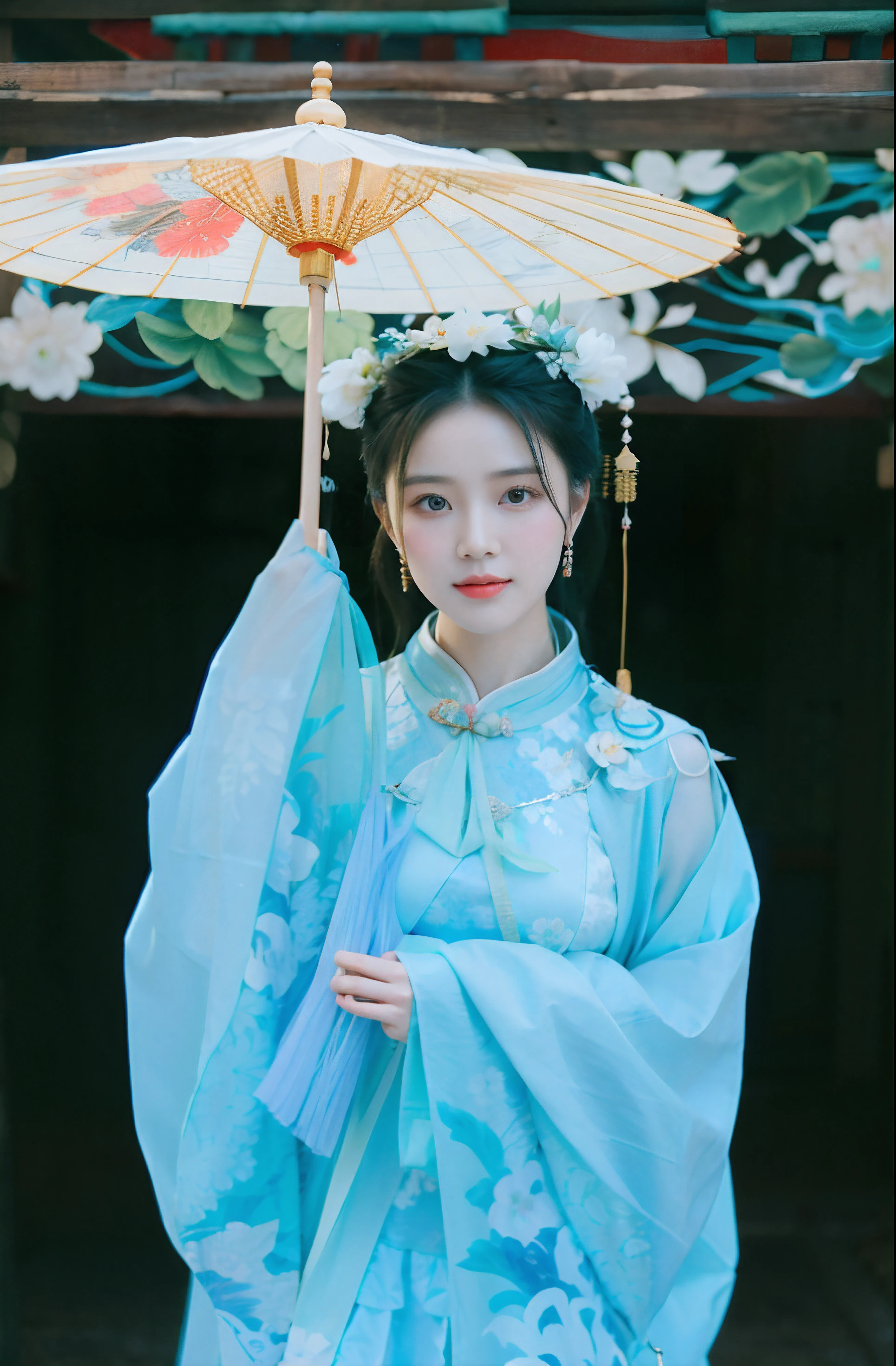 An Asian woman in traditional dress holds an umbrella, Palace ， A girl in Hanfu, Hanfu, Wearing ancient Chinese clothes, White Hanfu, Traditional Chinese clothing, Chinese girl, Chinese woman, Chinese traditional, with acient chinese clothes, Chinese style, China Princess, Chinese costume, Princesa chinesa antiga, A young Asian woman, Traditional beauty