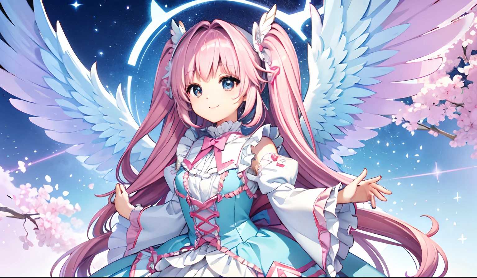 Angel wings shining in seven colors、Kawaii Girl、adorable smiling、Light blue long hair、Twin-tailed、Light pink, Green and white angel leotard、((top-quality))、((masterpiece))、(ighly detailed、highestdetailed、Official art、Beautifully Aesthetic:1.2)