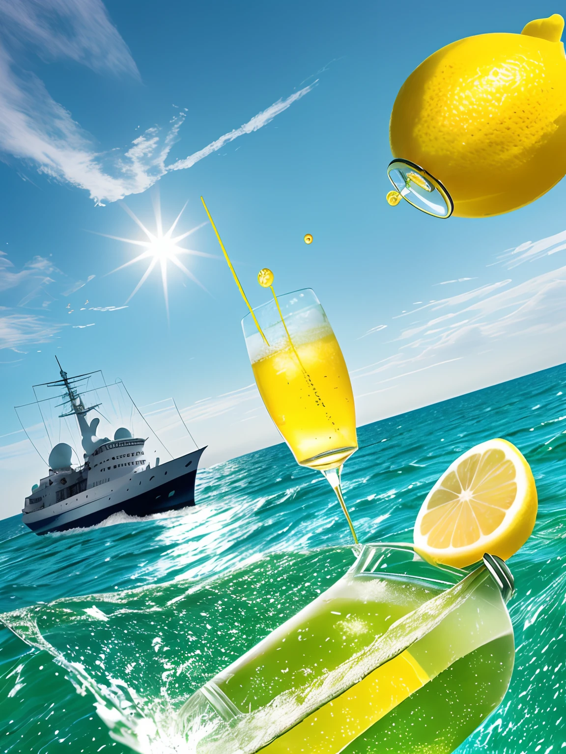 Craft a mesmerizing visual that combines the essence of a refreshing lemon juice bottle with the vastness of the sea. Picture a scene where the bottle is partially submerged in the water, with half below the surface and half above, mirroring the blend of zest and refreshment it offers. Against the horizon, a majestic royal navy ship sails gracefully, while dedicated fishermen cast their nets in pursuit of a rich catch. The sun radiates overhead, casting a warm glow on the scene, as a flock of birds soars through the skies, and clouds drift gently on the horizon. This captivating image captures the fusion of nature's elements with the essence of the lemon, a harmonious balance of refreshment and maritime splendor."