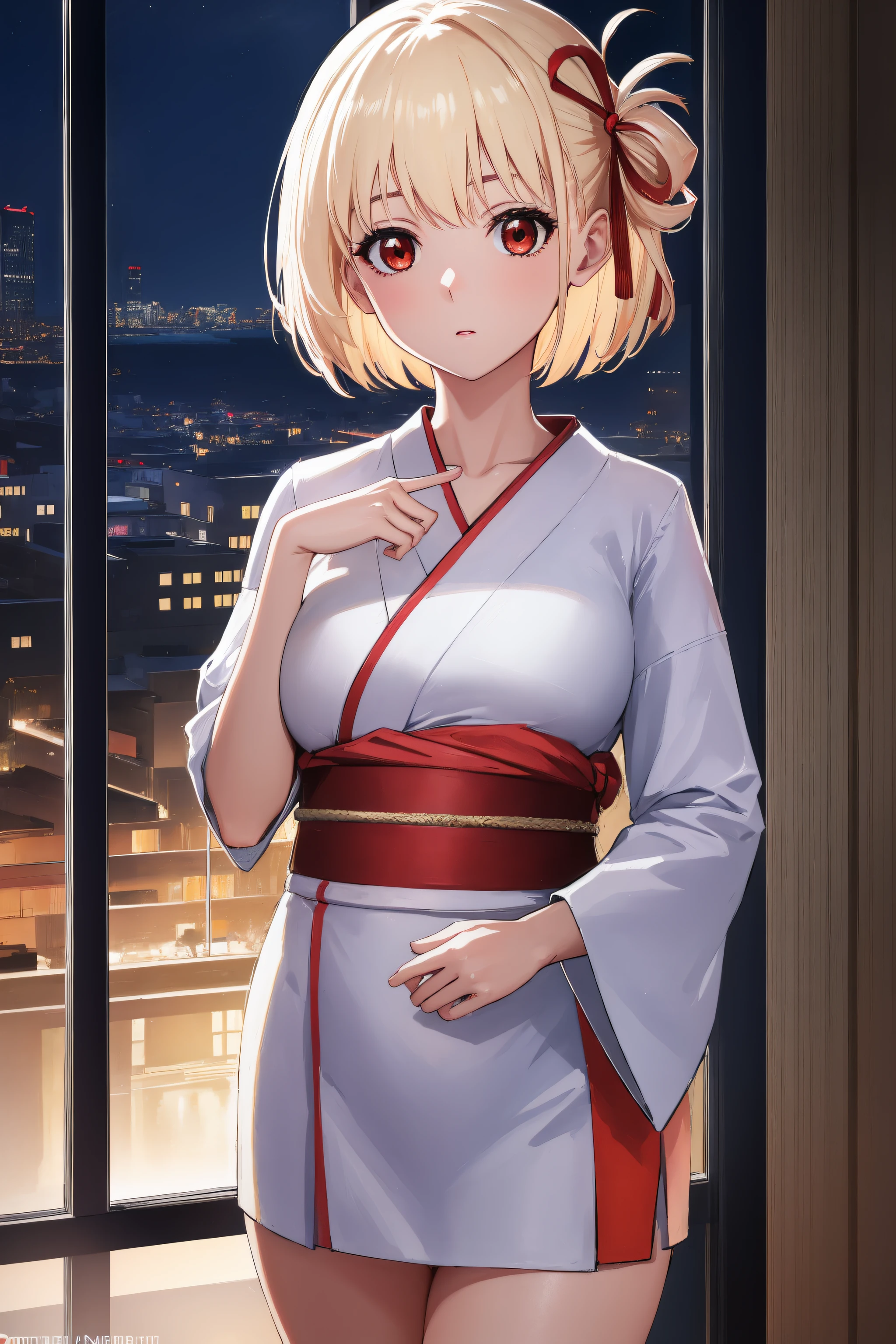 (Night:1.7), Cyberpunk_CityView, Before Window,
standing at attention,
japanese clothes, kimono,obi, sash, sidelocks, single hair bun,
nishikigi chisato, short hair, bangs, blonde hair, (red eyes:1.5), hair ribbon, one side up, bob cut,
1 girl, 20yo,young female,Beautiful Finger,Beautiful legs,Beautiful body,Beautiful Nose,Beautiful character design, perfect eyes, perfect face,
looking at viewer, (innocent_big_eyes:1.0),(expressionless:1.3),
NSFW,official art,extremely detailed CG unity 8k wallpaper, perfect lighting,Colorful, Bright_Front_face_Lighting,
(masterpiece:1.0),(best_quality:1.0), ultra high res,4K,ultra-detailed,
photography, 8K, HDR, highres, absurdres:1.2, Kodak portra 400, film grain, blurry background, bokeh:1.2, lens flare, (vibrant_color:1.2)
(Beautiful,medium_Breasts:1.4), (beautiful_face:1.5),(narrow_waist),(perfect hands, perfect anatomy),