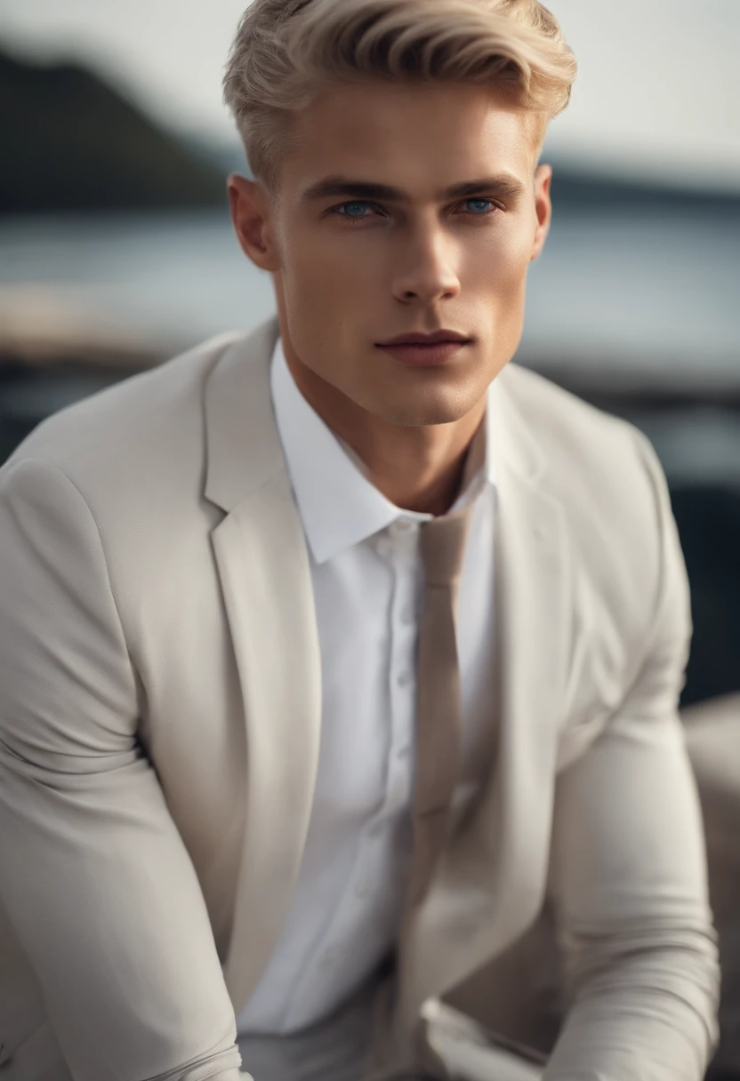 Man only face, looking forward, gray suit, white shirt, full body, short blond hair, and blue eyes, attractive male, handsome young man, and attractive, Characteristics, attractive man, attractive young man, Cool _ hairstyle, blond man , Slim man with fair skin, Young man with long length, 8k