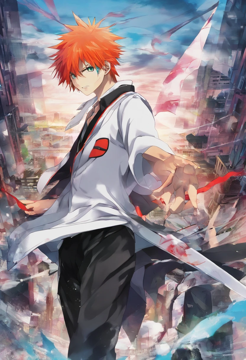 1 boy, (red hair), bright blue eyes, pointy ears, looking forwards, sword in hand pointed at camera, destroyed town in background, artsy, colorful, gritty, bloody, fully clothed, (closed checker pattern shirt), ((sharp eyes)), hero, sharp features, lanky, flat chin, long neck ((rigid hair)), (high quality), ((in the style of the anime Bleach by Tite Kubo))