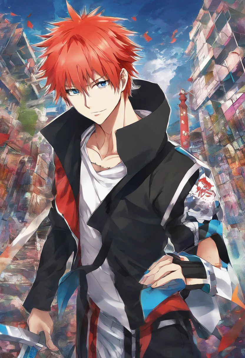 1 boy, (red hair), bright blue eyes, pointy ears, looking forwards, sword in hand pointed at camera, destroyed town in background, artsy, colorful, gritty, bloody, fully clothed, (closed checker pattern shirt), ((sharp eyes)), hero, sharp features, lanky, flat chin, long neck ((rigid hair)), (high quality), ((in the style of the anime Bleach by Tite Kubo))