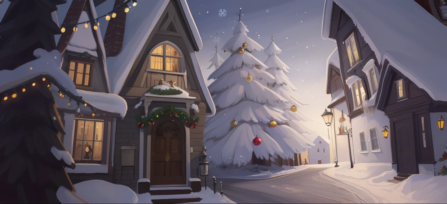 Arte conceitual de inverno,There is a Christmas tree on the street of a small town,A snowy view of a small town，Drawing style of Harry Potter Magical Awakening game，Hand-drawn two-dimensional painting style，Scene concept art，Beautiful illustrations，The angle is a bit of a perspective looking up at the house