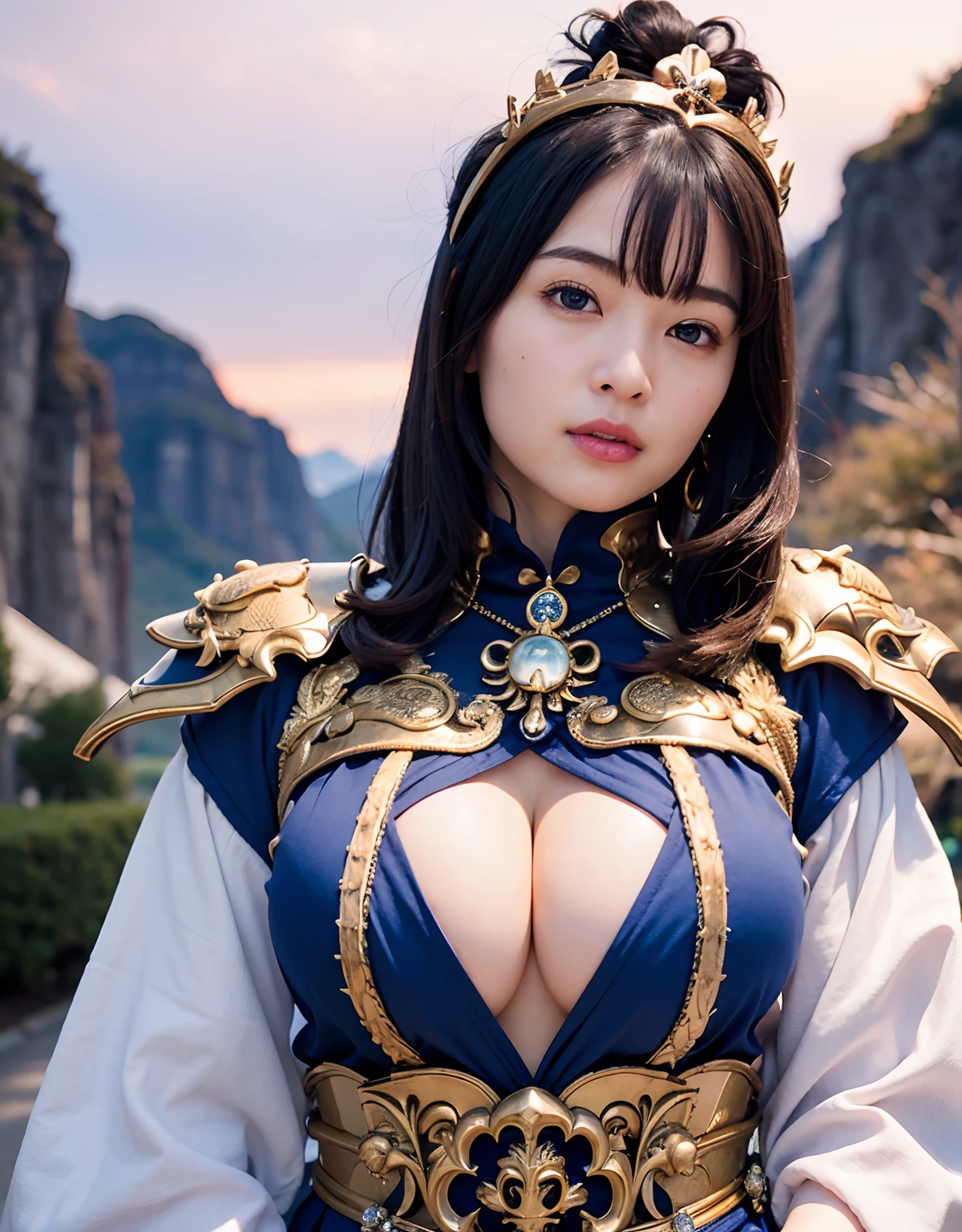 Professional , ​masterpiece、top-quality、photos realistic , 、top-quality、超A high resolution、(Photorealsitic:1.4)、Raw photo、depth of fields （Gemstone Gold Metal Body:1.9),(Matte White、Toostock、cleavage of the breast、（cleavage of the breast）、（Detailed Dragon Armor）、（Have the strongest weapon）、（(Random Hairstyles 1.6),Dark Fantasy,）explosions、intense fighting、（Precipitous cliffs),Dragon Gold Weapon,Mystical expression、Particles of light、Fight dragons、（Detailed Dragon Helmet),Gorgeous Silver Weapons ,（（ Dragon's dense and gorgeous sword）） , Beautiful knife   ,warhammer 40k ,Detail and gorgeous crown、（（Blue hair））、（Castle background）、、（（Gangle's forest background））、Beautiful Caucasian beauty、１a person、dynamic ungle,((()))、Smaller head、A smile、Castle background、Thin and beautiful female hands、cleavage of the breast、Soldier in iron armor on background、Mystical expression、Light Effects、intense fighting、Wind-effect、magic circles、With the legendary magic wand、（demonic wings）、Toostock、
