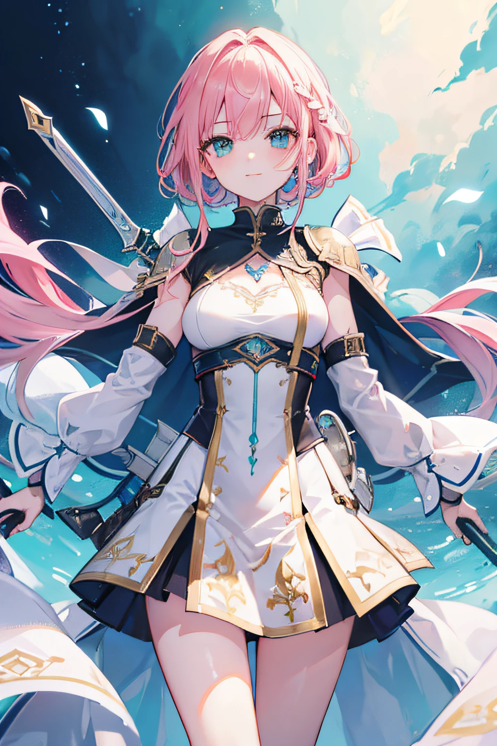 (masterpiece:1.2, top-quality:1.2), RPG, JRPG, Fantasy, Shiny natural skin texture, petite body, delicate features, dewy green eyes, innocent, long braided, pastel pink hair, smiling, Two arms, Two leg, holding dagger, dynamic pose, beautiful countenance, A detailed eye, Draw eyes clearly and beautifully, beautiful eyes, assassin clothing, modes, dagger, 1girl