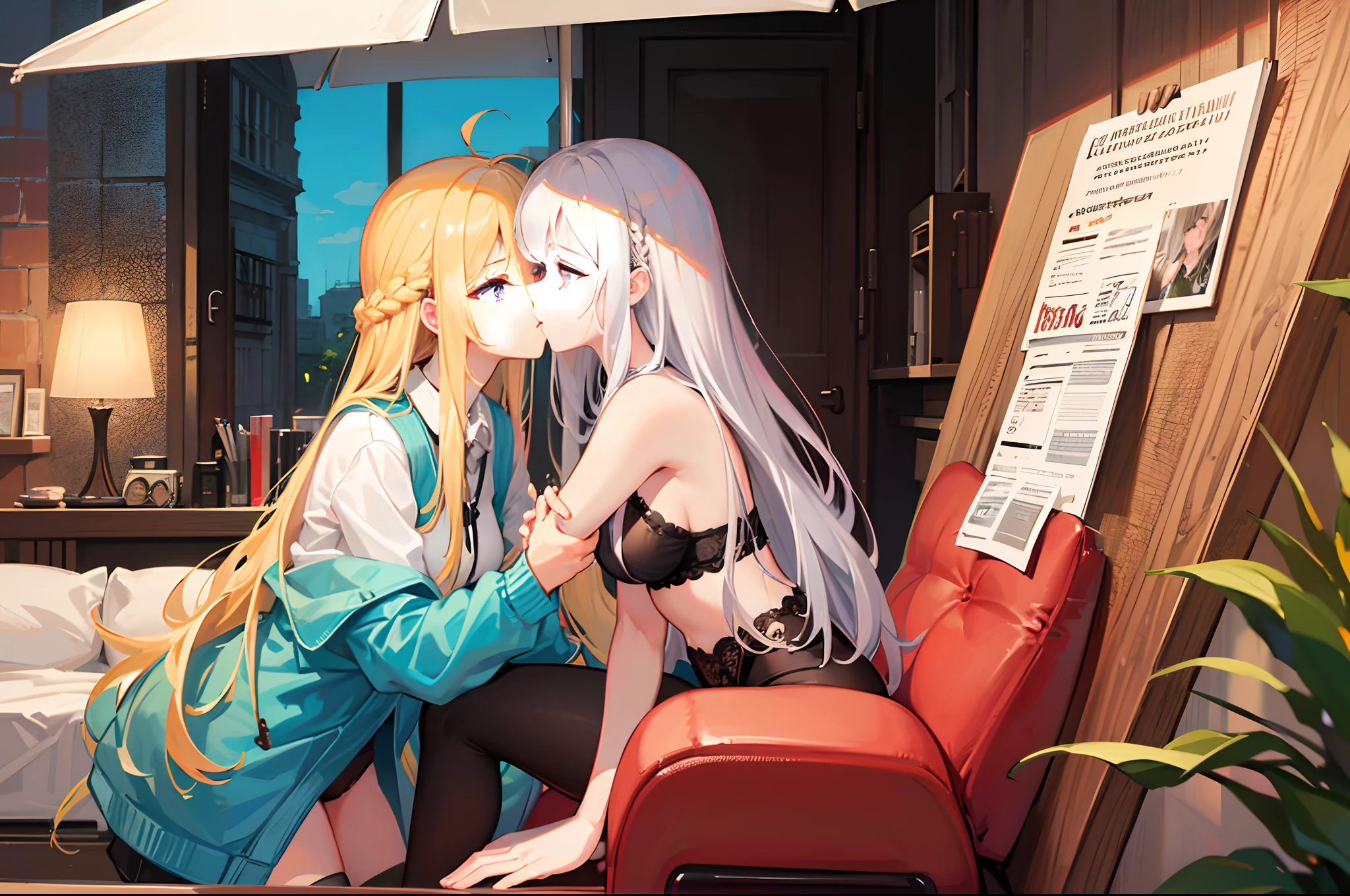 18-year-old blonde girl, Turquoise eyes, long-haired,Braid left and right, Black Underwear .Kiss someone else......With a slightly smiling face................