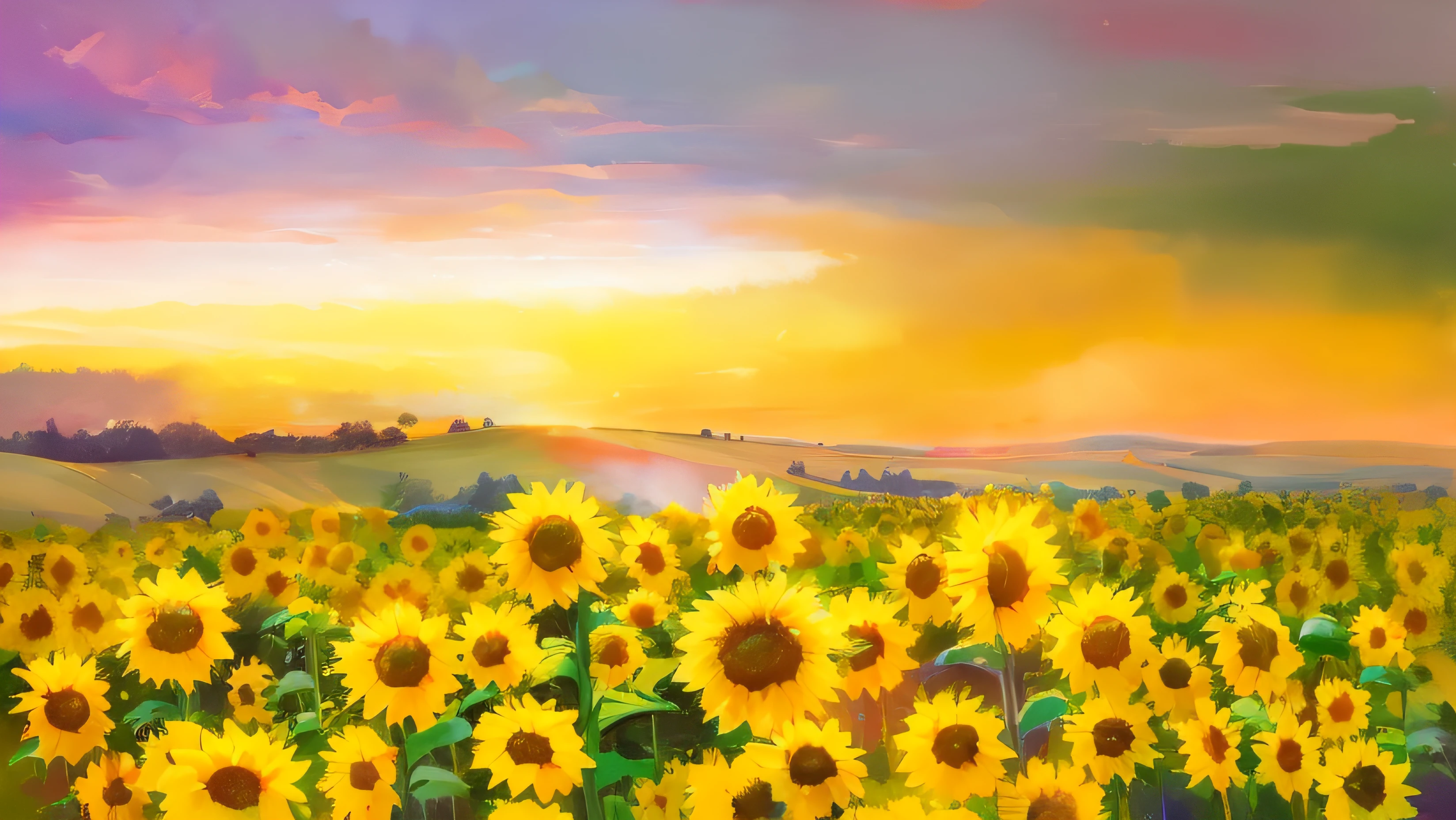Tanosato Painting Mukai Hinaoi,The background is sunset, scene : Sunflower field, scene: Sunflower field, Beautiful art UHD 4 K, Sunflower field, oil digital painting, digital oil painting, himawari, OilPaintStyle, vibrant digital painting, Sunflower fields, watercolor digital painting, ai assisted digital painting, floral sunset, digital art oil painting