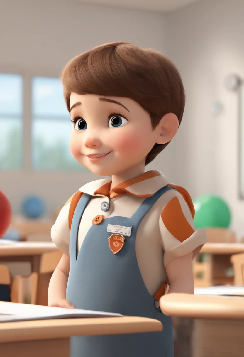 A happy and cute child standing with short hair, in class room, , white backgrounid, Gamine, Toon, pixar-style, 。.3D, cartoony, Detal Face, Asymmetric 16K