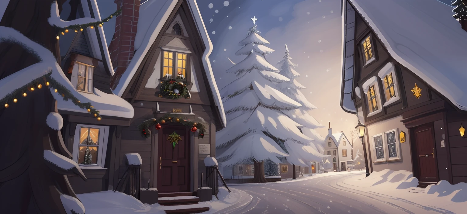Arte conceitual de inverno,There is a Christmas tree on the street of the town,Snowy views of the town,The drawing style of Harry Potter magical awakening game,Hand drawn 2D painting style,Scene concept art,Beautiful illustrations,The angle is a bit like looking up at a house,Fisheye view