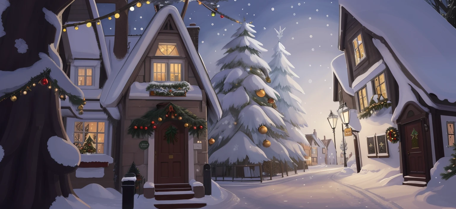 Arte conceitual de inverno,There is a Christmas tree on the street of the town,Snowy views of the town，The drawing style of Harry Potter magical awakening game，Hand drawn 2D painting style，Scene concept art，Beautiful illustrations，The angle is a bit like looking up at a house，Fisheye view