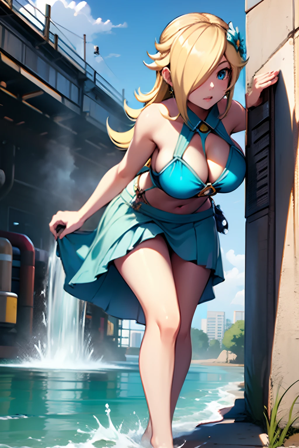 rosalina, casual, bikini, bare legs, cleavage, skirt, large breasts, from bellow, GTS, looming