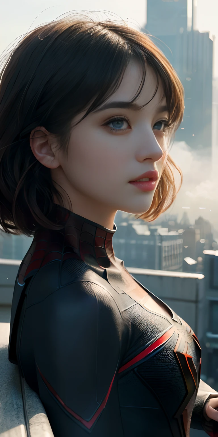 (1girl:1.3), Solo, (((Very detailed face)))), ((Very detailed eyes and face)))), Beautiful detail eyes, Body parts__, Official art, Unified 8k wallpaper, Super detailed, beautiful and beautiful, beautiful, masterpiece, best quality, original, masterpiece, super fine photo, best quality, super high resolution, realistic realism, sunlight, full body portrait, amazing beauty, dynamic pose, delicate face, vibrant eyes, (from the front), She wears Spider-Man suit, red and black color scheme, spider, very detailed city roof background, rooftop, overlooking the city, detailed face, detailed complex busy background, messy, gorgeous, milky white, highly detailed skin, realistic skin details, visible pores, clear focus, volumetric fog, 8k uhd, DSLR, high quality, film grain, fair skin, photo realism, lomography, futuristic dystopian megalopolis, translucent