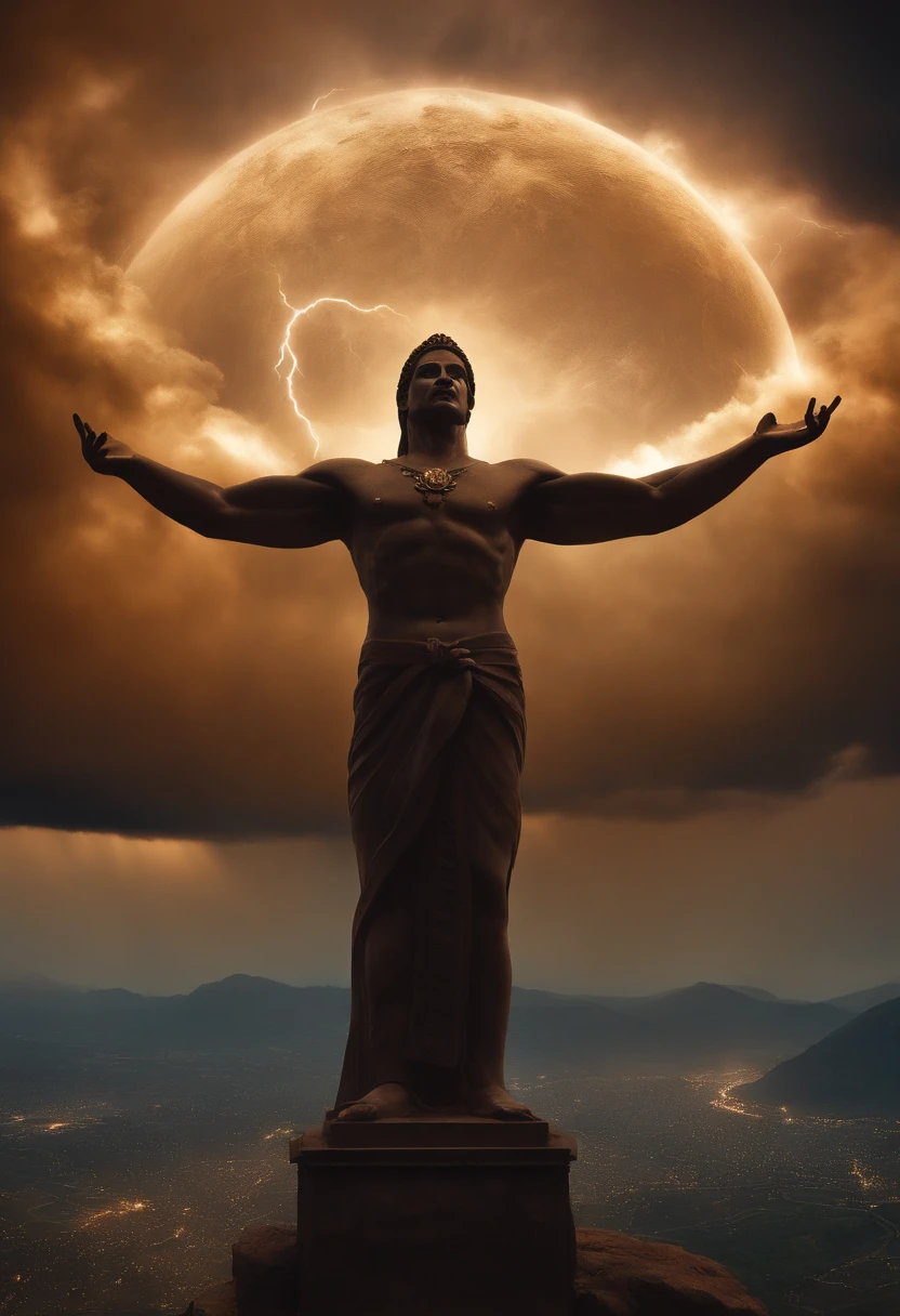 Stable Diffusion prompt:
A god floating in the air, pointing towards the sky, with lightning bolts in the background. The god has a bird's-eye view of the earth below. The god has detailed and piercing eyes, capturing every detail of the earth's surface. The god's gaze is powerful and all-seeing. The scene is depicted in a realistic and photorealistic style, with high image quality, such as (best quality, 4k, 8k, highres, masterpiece:1.2). The colors are vibrant and vivid, enhancing the overall effect of the artwork. The lighting is dramatic, with strong highlights and shadows, emphasizing the power and presence of the god. The god's figure is created using a medium that resembles an oil painting, adding depth and texture to the overall image. Additional details include swirling dark clouds above the god, creating a sense of mystery and power. The lightning bolts strike through the clouds, illuminating the scene with bursts of light. The immense size and presence of the god are conveyed through the composition, capturing the awe-inspiring nature of this divine being.