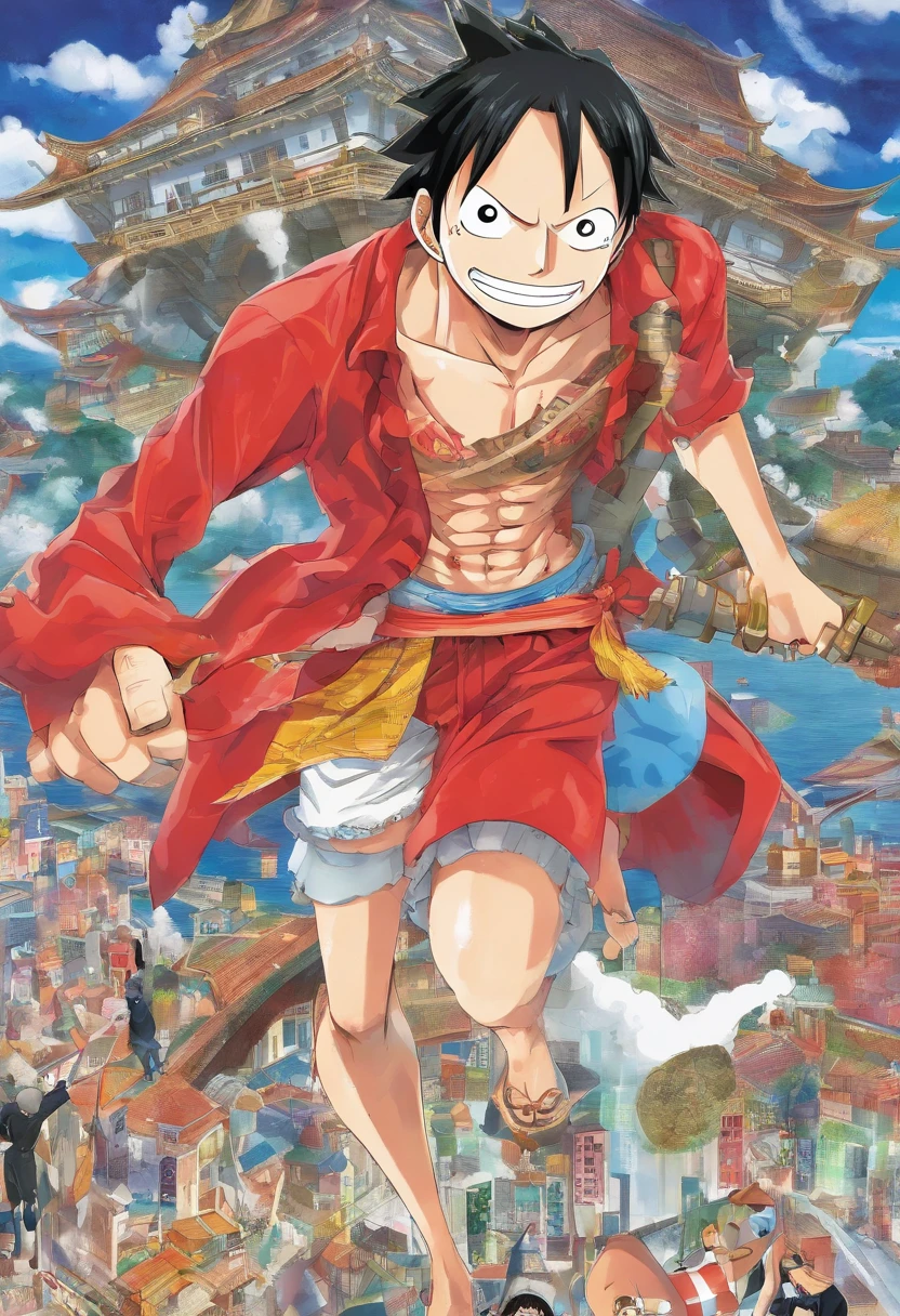 1 boy, (red hair), bright blue eyes, pointy ears, looking forwards, sword in hand pointed at camera, destroyed town in background, artsy, colorful, gritty, bloody, fully clothed, (closed checker pattern shirt), ((sharp eyes)), hero, sharp features, lanky, flat chin, long neck ((rigid hair)), (high quality), ((in the style of the anime One Piece by Eichiro Oda))