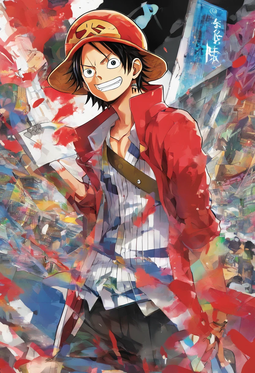 1 boy, (red hair), bright blue eyes, pointy ears, looking forwards, sword in hand pointed at camera, destroyed town in background, artsy, colorful, gritty, bloody, fully clothed, (closed checker pattern shirt), ((sharp eyes)), hero, sharp features, lanky, flat chin, long neck ((rigid hair)), (high quality), ((in the style of the anime One Piece by Eichiro Oda))