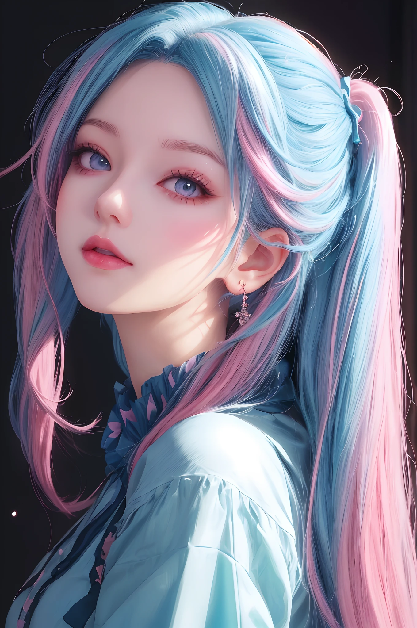 a woman with blue hair and pink hair wearing a blue top, beautiful anime portrait, stunning anime face portrait, detailed portrait of anime girl, beautiful anime style, beautiful anime face, beautiful anime girl, rossdraws pastel vibrant, pretty anime girl, cute anime girl portraits, portrait anime girl, cute anime girl portrait, anime girl with cosmic hair, digital anime art