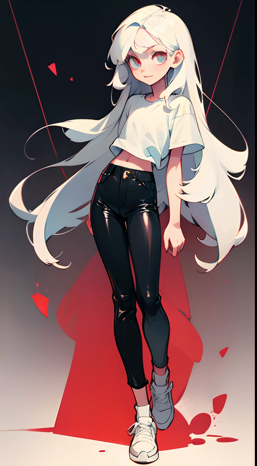 Girl with long thin white hair, White Skin Skin, Slim, beatiful face, little chest, wearing black leather pants and a white t-shirt, white sneakers, Full-length