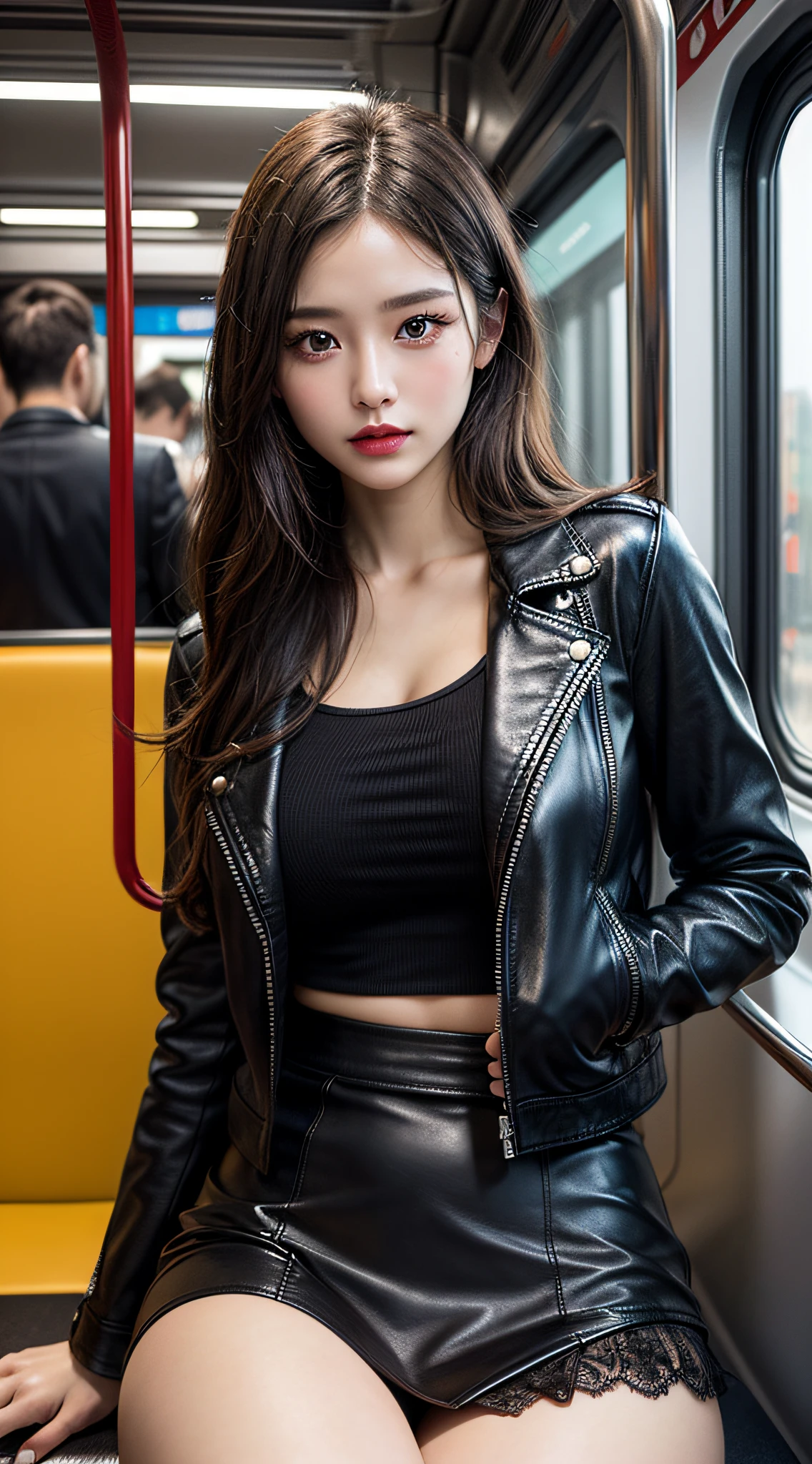 1girl, Beautiful, Amazing face and eyes, makeup, red gloss lips, (extremely detailed beautiful face), (sexiest look), (Beautiful big breasts), (leather jacket, Tight Skirt, knee high:1.2), (Best Quality:1.4), (Ultra-detailed), (extremely detailed CG unified 8k wallpaper), Highly detailed, RAW Photos, Professional Photography, crowded train, Sitting, (Spread your legs), (sheer lace panties), Scenery like a scene from a movie,